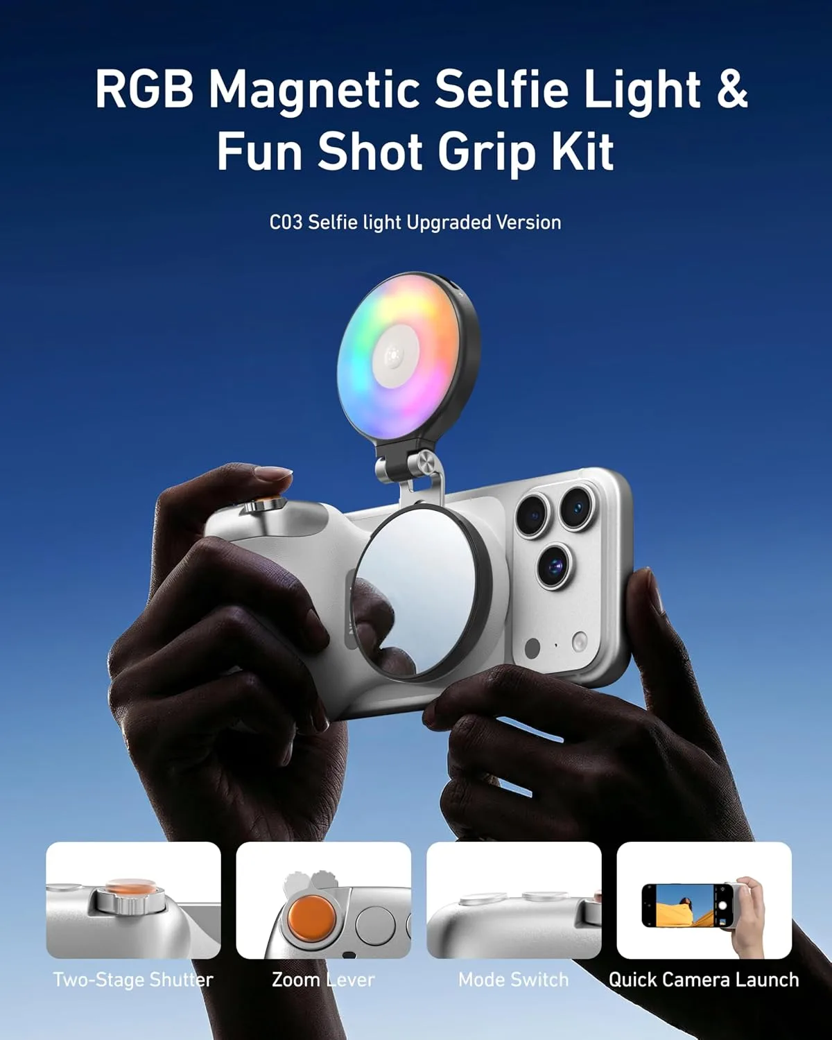 TELESIN Fun Shot Magnetic Phone Camera Grip + 4 in 1 Magnetic RGB Selfie Light(Black) Bundle Kit Compatible with iPhone Magsafe & Android, Creator Kit for Selfies/Photography/TikTok/Zoom Calls/Video