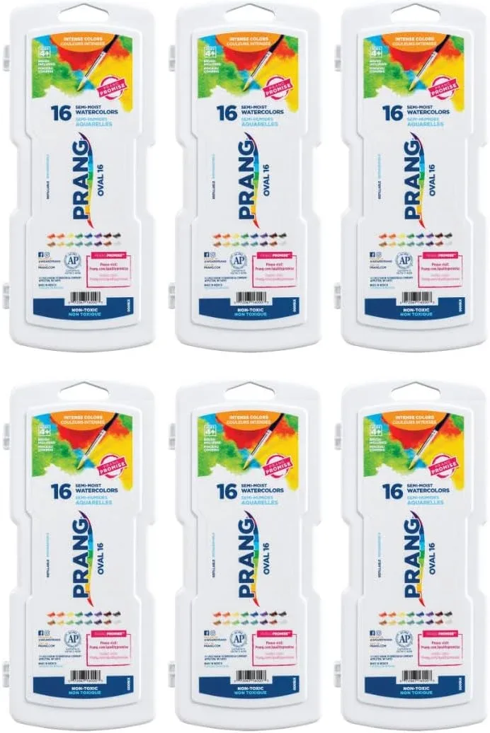 Prang Semi-Moist Watercolors 16-Color Oval Pan Set, Pack of 6