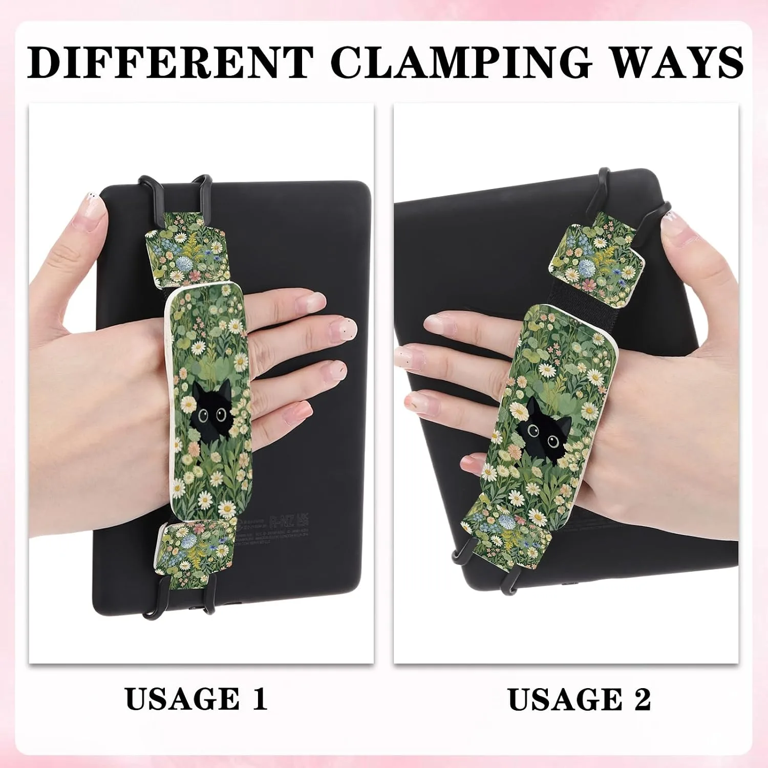 Hand Strap Holder for Kindle - Cute Cat Floral Plant Finger Grip for 6-7.5" Paperwhite 12th/11th Generation/Kobo/Lenovo/iPad Mini Ereaders E-Book Tablet High Elasticity Reading Accessories