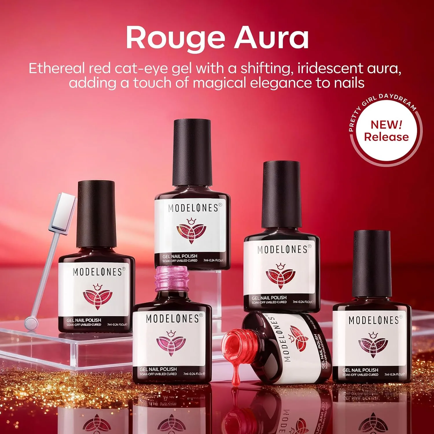 modelones Cat Eye Gel Nail Polish Set Glitter 6Colors Burgundy Red Sparkle