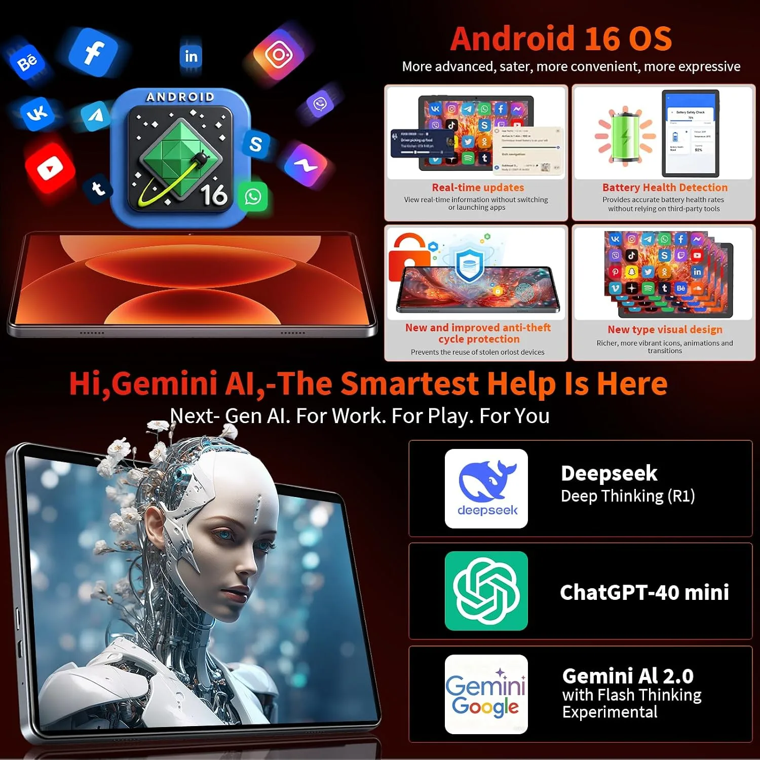 Android 16 Tablet with Keyboard - 26GB+256GB+2TB Expand, Gemini AI-Green