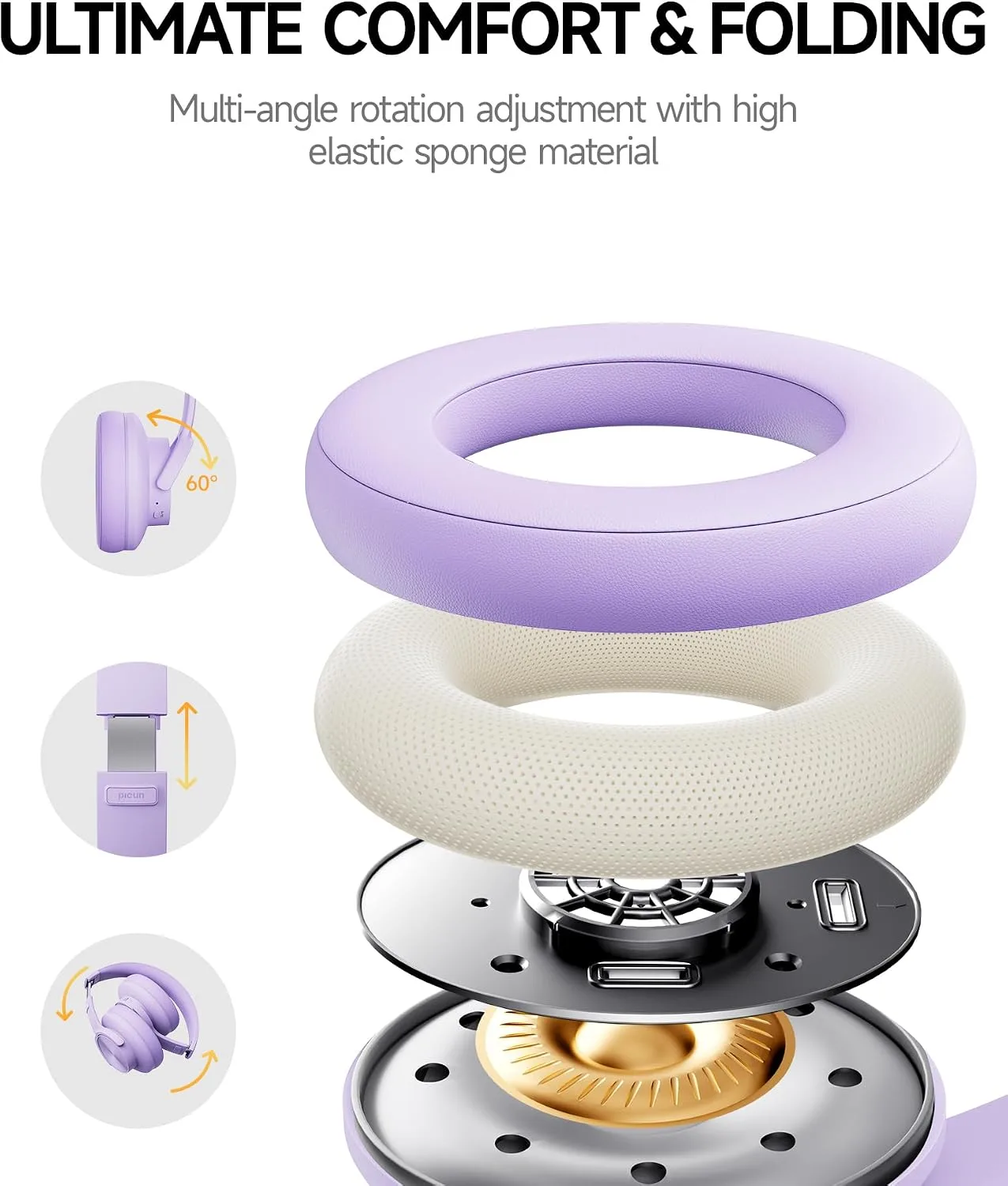 Picun B8 Wireless Bluetooth Headphones, 120H Playtime, 3EQ Modes, Purple