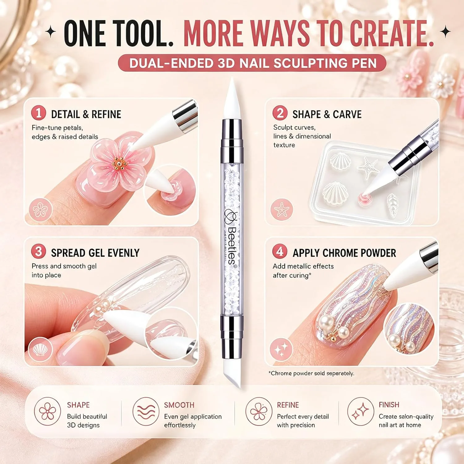 Beetles 3D Gel Nail Art, 2 Pcs Clear & White with Sculpting Pen and 3D Mold