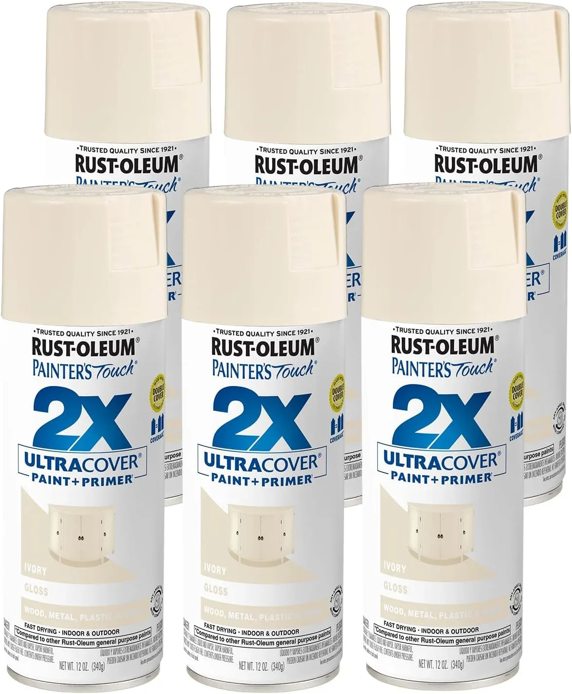 Rust-Oleum 334035-6PK Painter's Touch 2X Ultra Cover Spray Paint, 12 oz, Gloss Ivory, 6 Pack