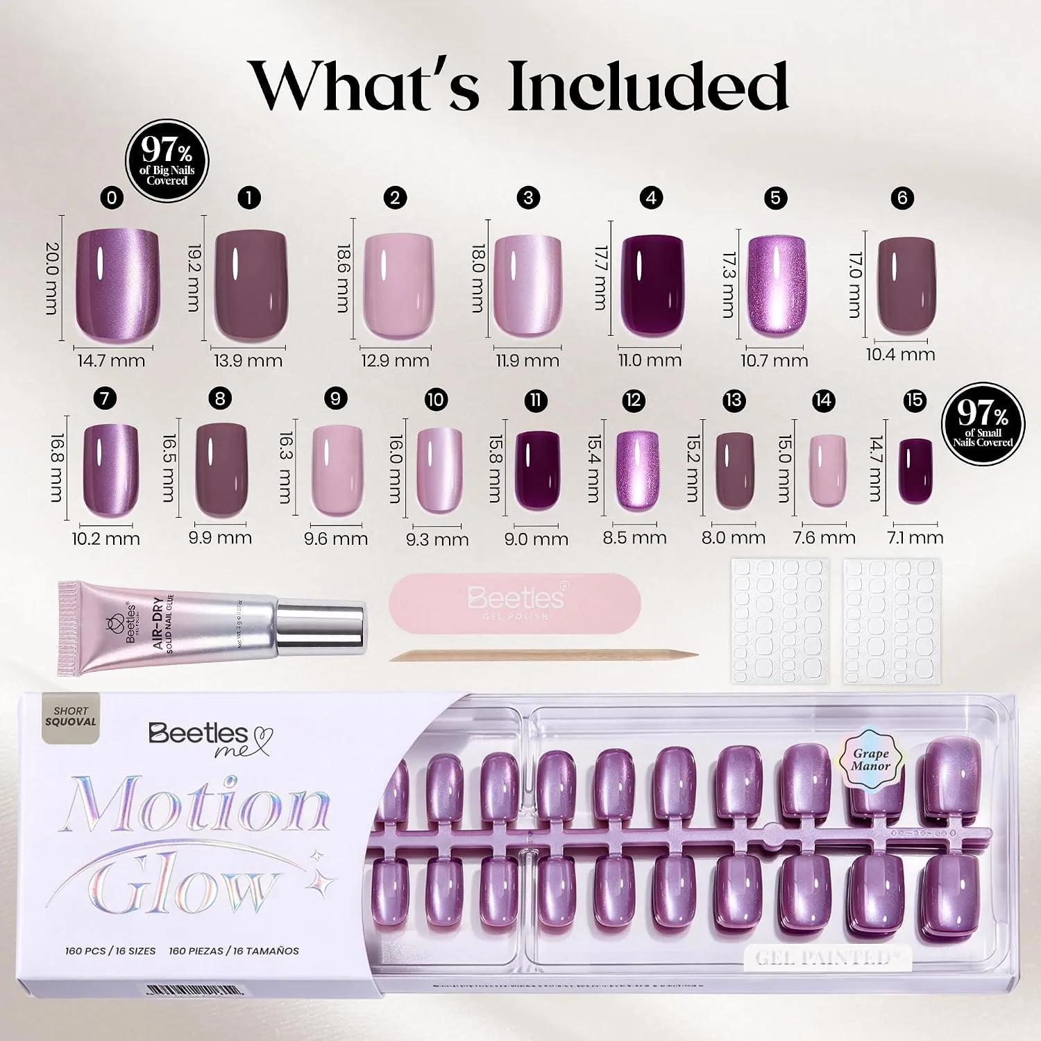 Beetles Purple Press On Nails Short Squoval, 5 Colors, 160 PCS