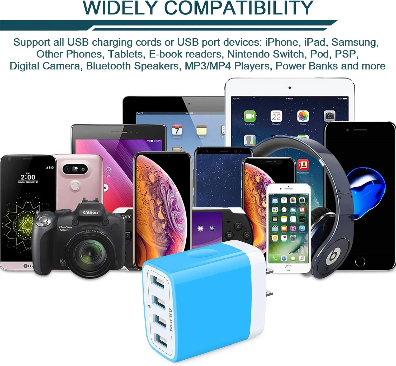 USB Charger Cube, Wall Charger Plug, AILKIN 4.8A 4-Muti Port USB Adapter