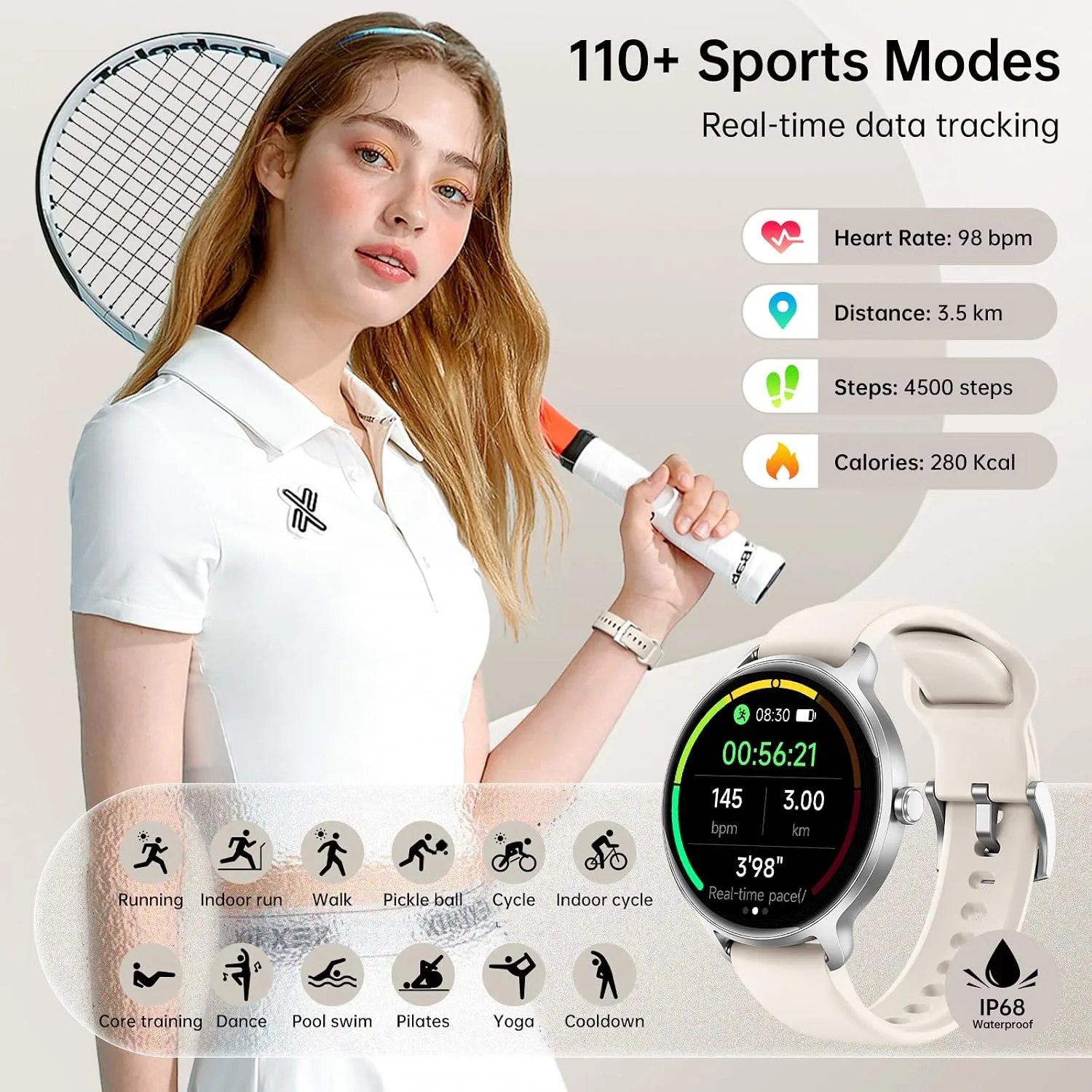 Smart Watch for Women, 1.27" AMOLED Screen Smartwatch with Answer/Make Call for iPhone/Android/Samsung, Fitness Tracker with 120+ Sport Modes, Heart Rate/Sleep/Health Monitor, IP68 Waterproof, 2 Bands