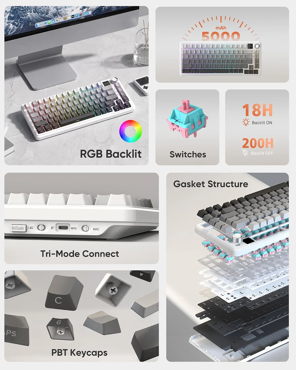 RedThunder K75 Pro Wireless Mechanical Gaming Keyboard, TFT Screen & Knob, 75% Tri-Mode, Pre-Lubed Switches, RGB Backlit, Side Printed PBT Keycaps, Creamy Sound Gasket Computer Keyboard, Snow & Ash