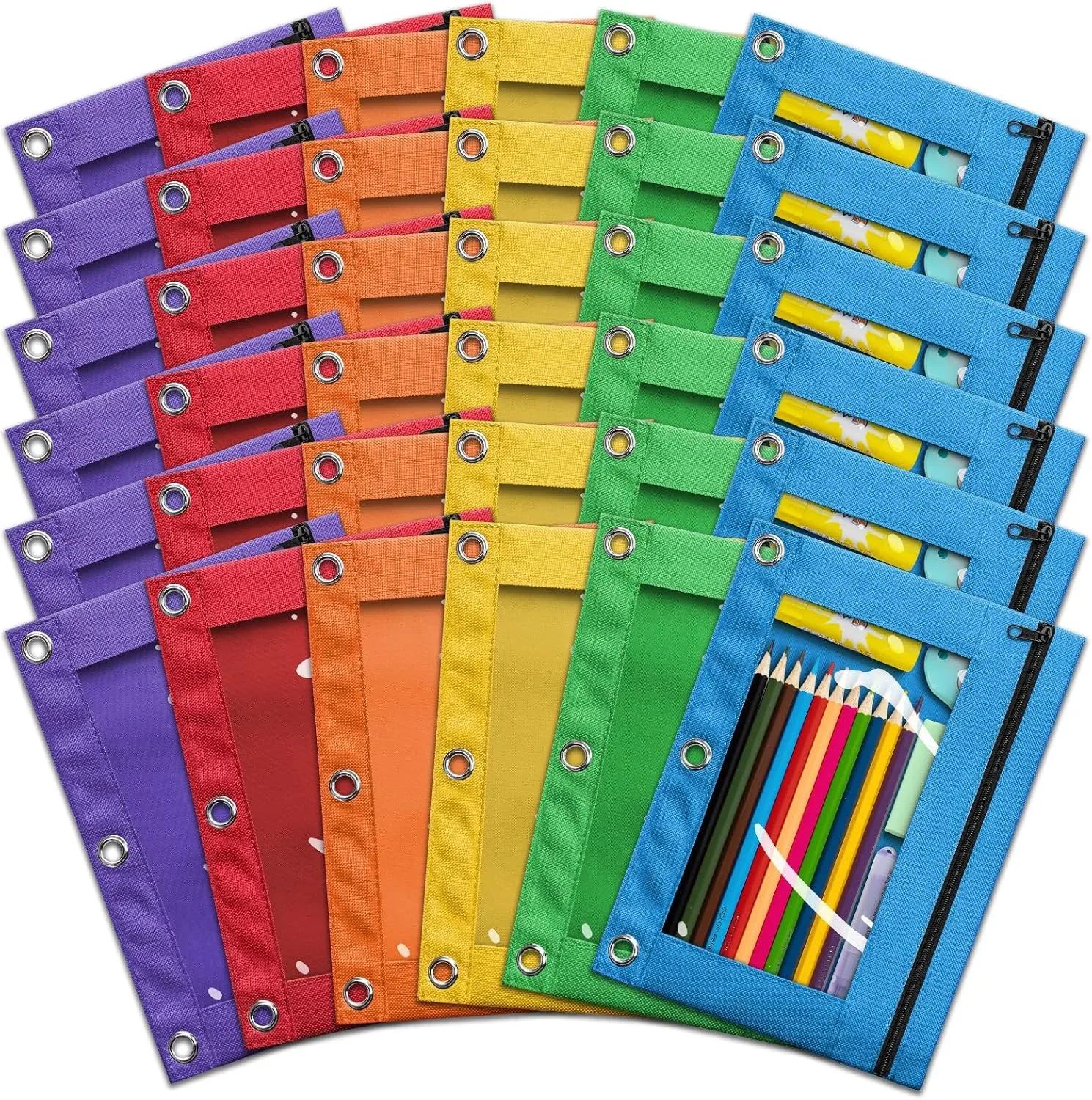 Pencil Pouch for 3 Ring Binder, Bulk 36 Pack 3-Holes Zipper Pencil Pouches in Assorted Colors, Sturdy and Durable Cloth