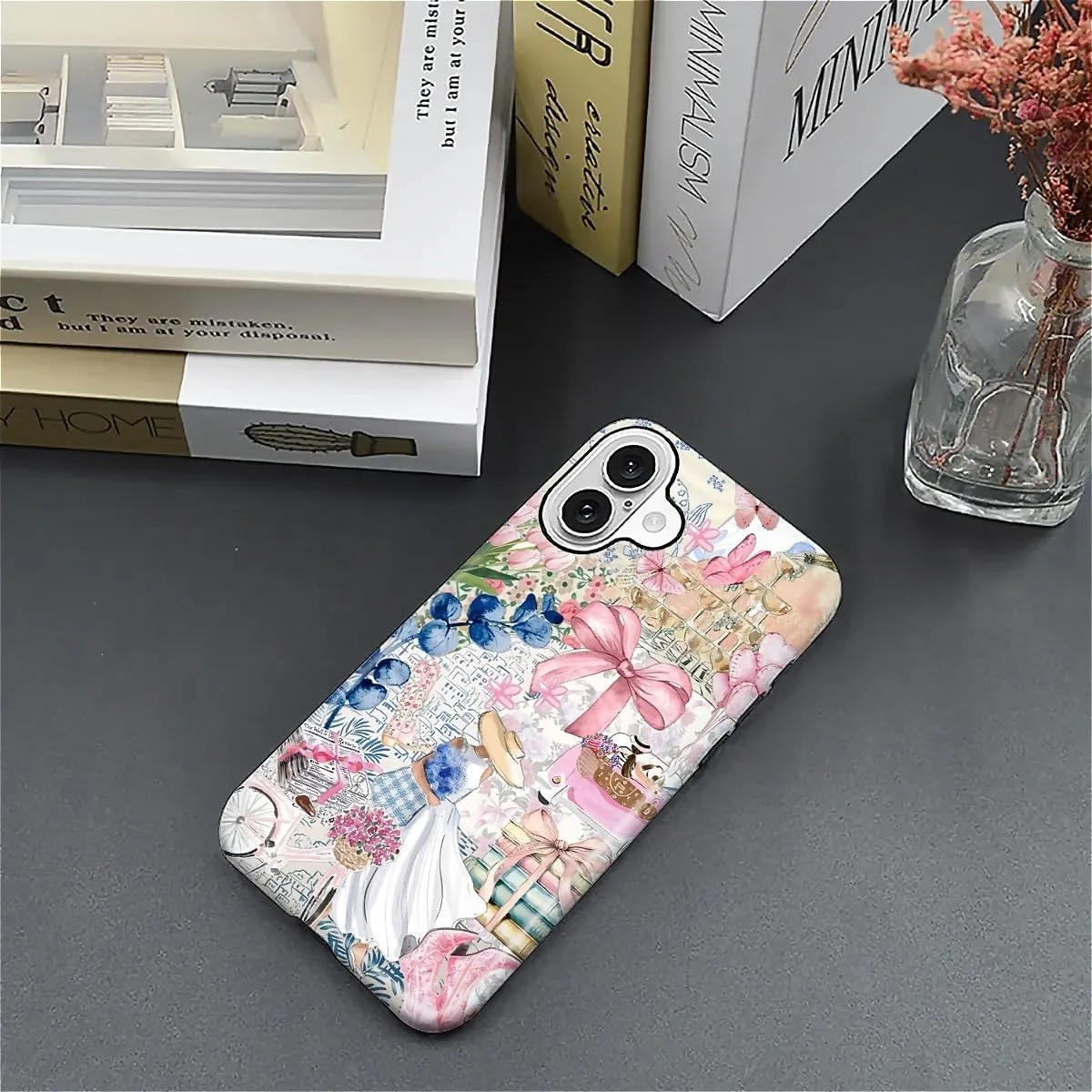 DAIZAG Case for iPhone 16 Plus,Mixed 2 Layer Design Shockproof Soft TPU Ddouble Protection Phone Case for iPhone 16 Plus-Magazine Books Flower Bow Collage