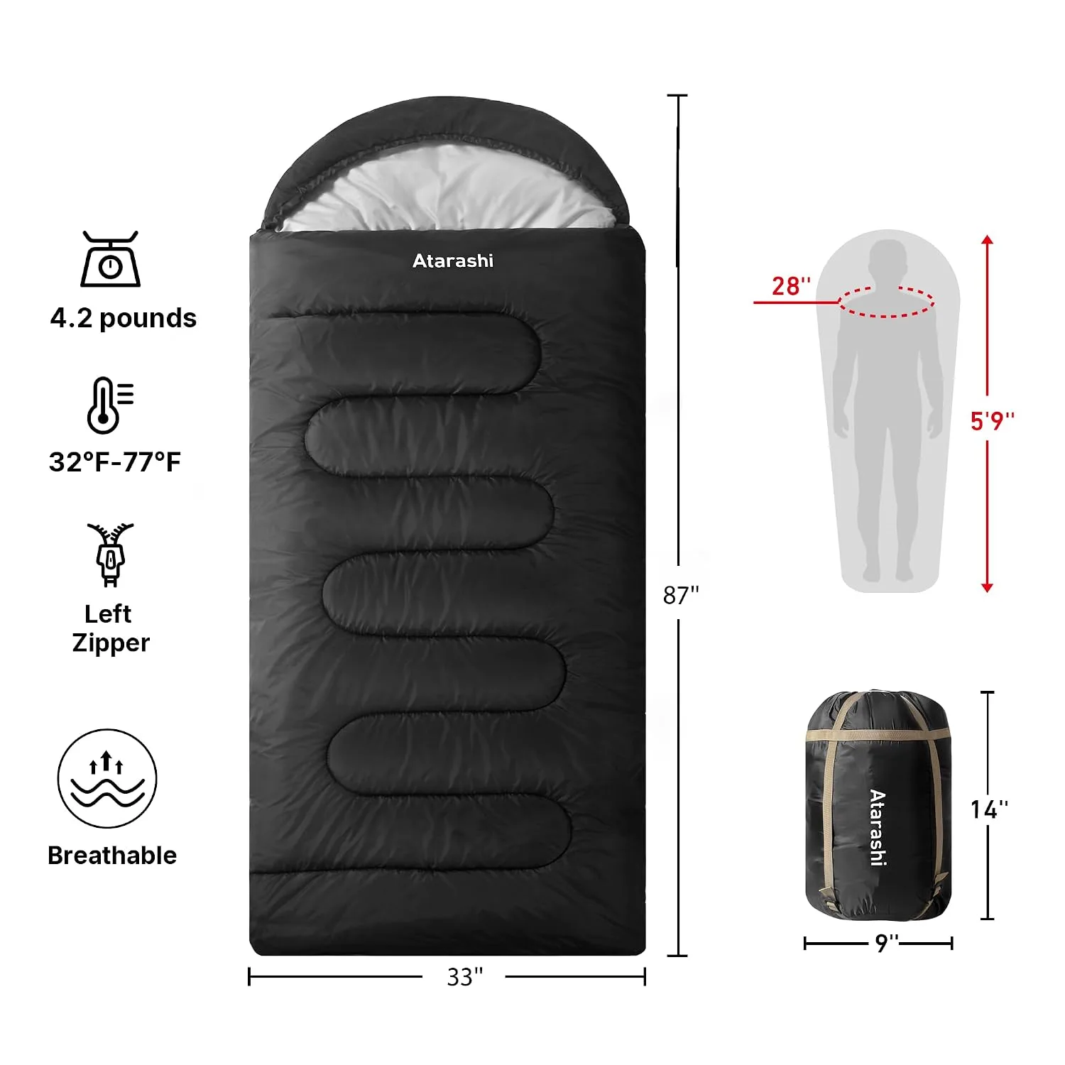 Atarashi Sleeping Bag for Adults & Kids - 0 Degree Cold Weather Warm Camping Gear