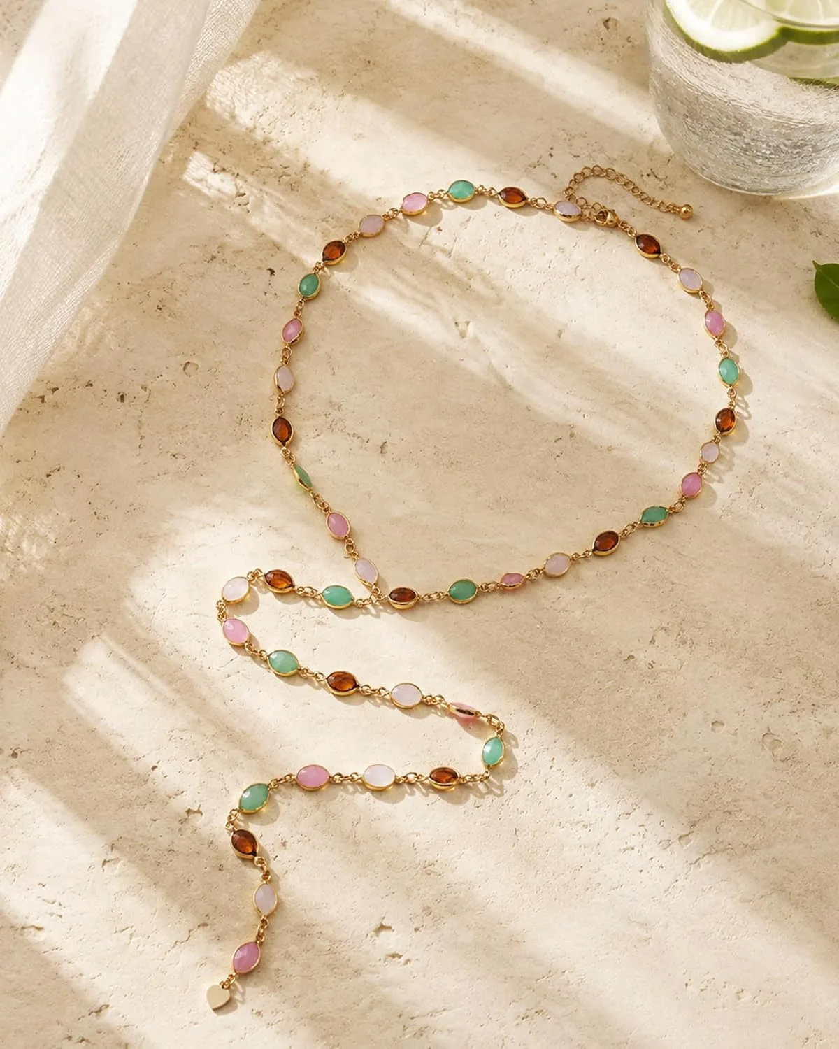 Colorful Y Shaped Necklace for Women Trendy Long Multi Color Crystal Lariat Necklace Sparkly Gemstone Chest Chain Summer Deep V-Neck Dress Outfits Jewelry Accessories