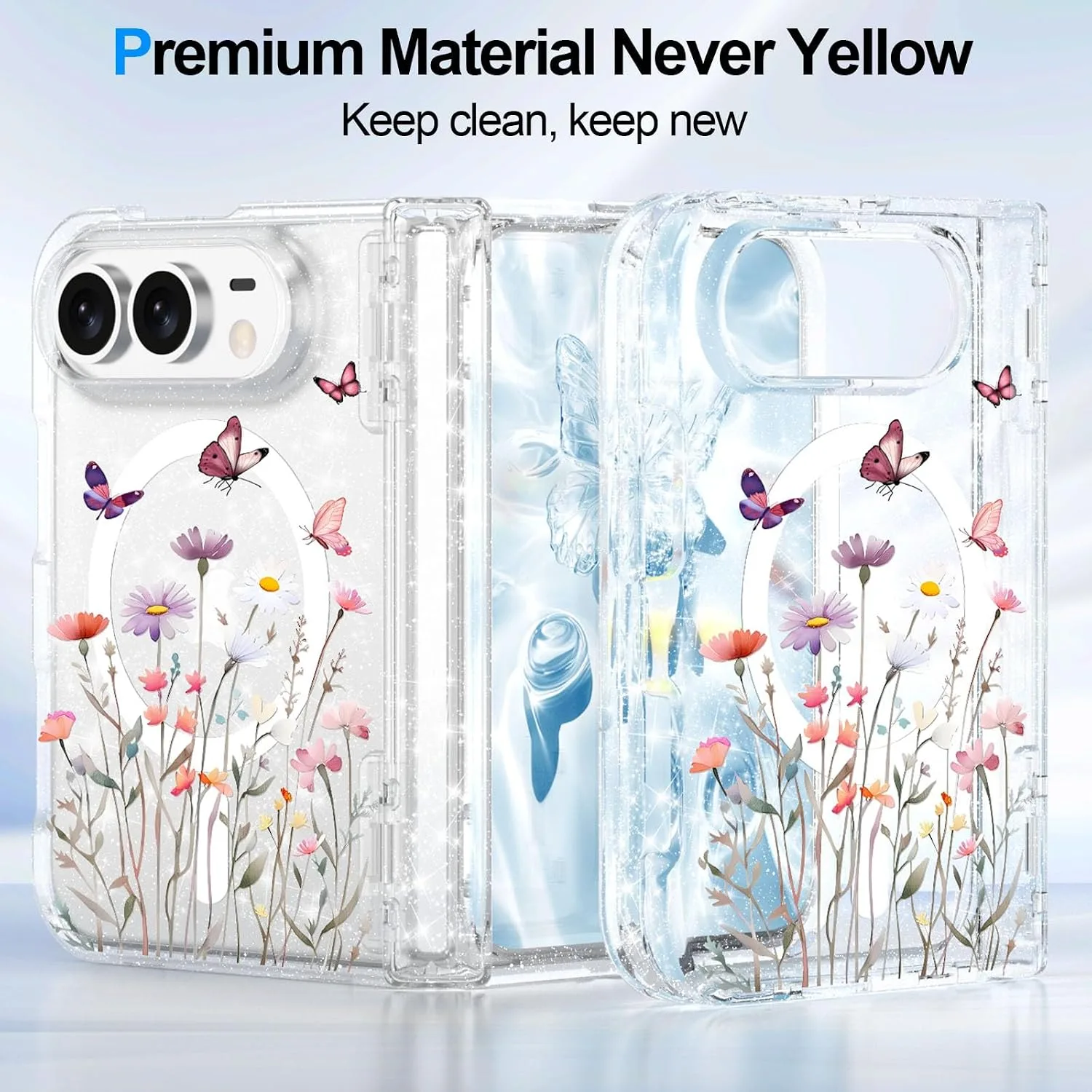 for iPhone Duo Case Clear Glitter Magnetic with Hinge Protection