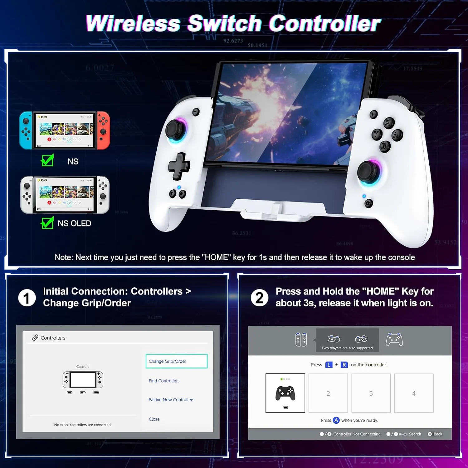 Spican Switch Controllers for Nintendo Switch/OLED, Full-Size Switch Joy-pad for Better Handheld Mode, Switch Accessories Wireless Pro Controller with RGB Light/Battery/Turbo/Macro/4 Game Slot