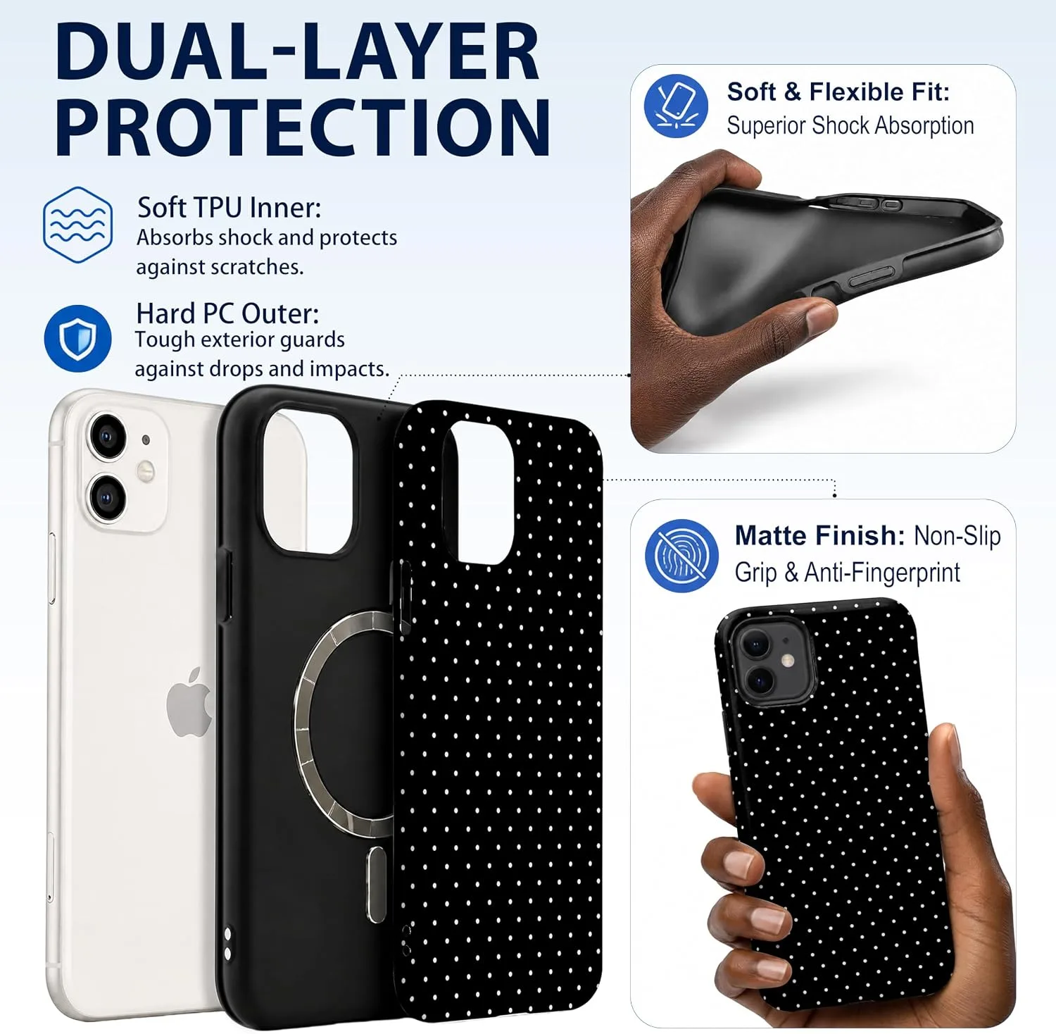 Magnetic for iPhone 11 Phone Case, Cute Black Polka Dot Shockproof