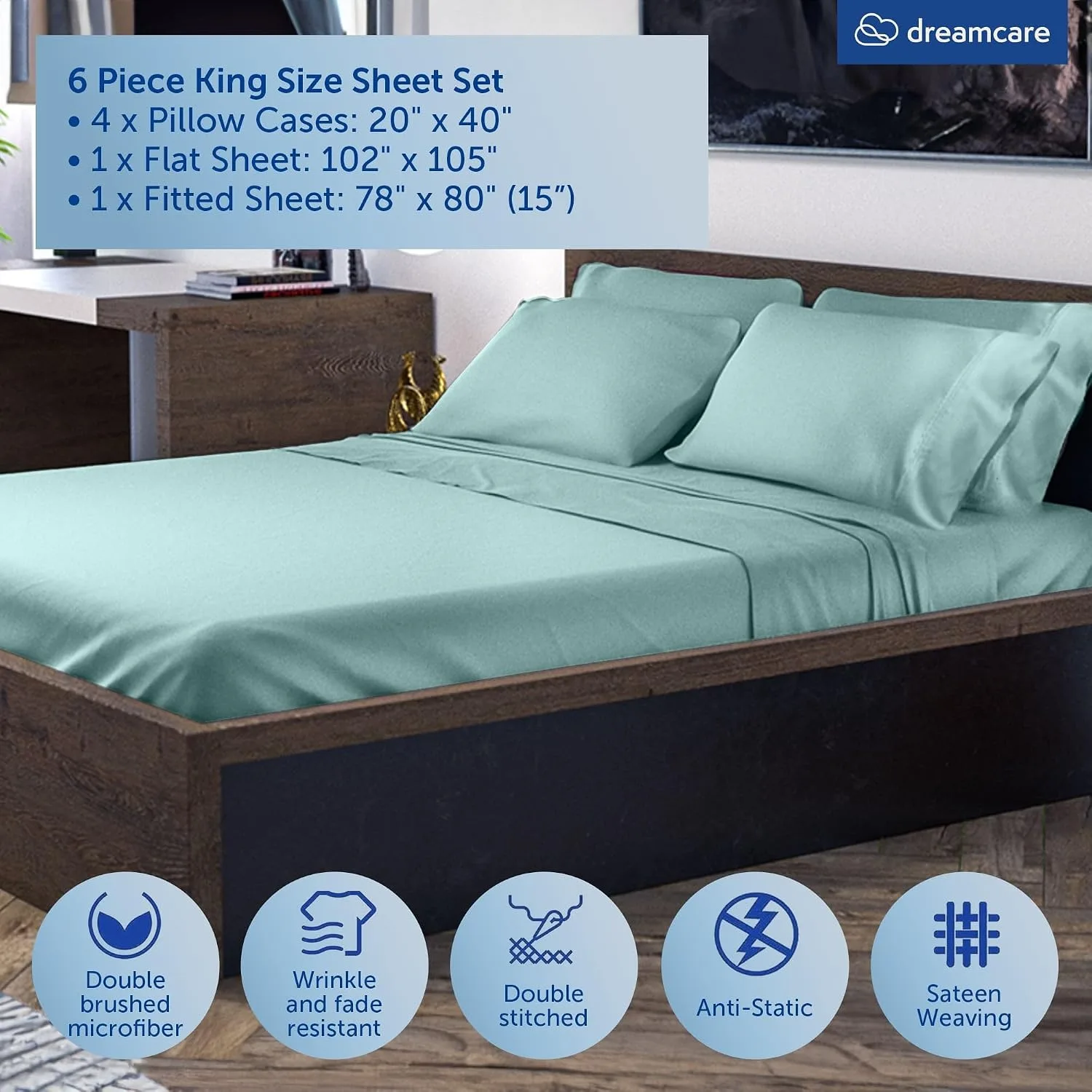 DREAMCARE King Size Sheets Set - 6 pcs Breathable Cooling Sheets King Size