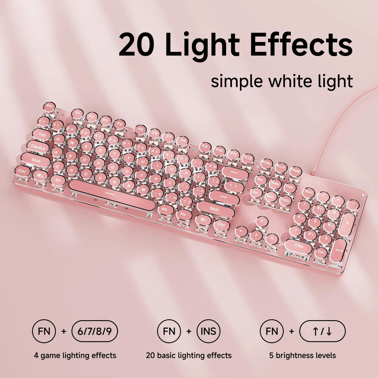 Wired Typewriter Style Mechanical Keyboard with White Backlit, Cute-Pink