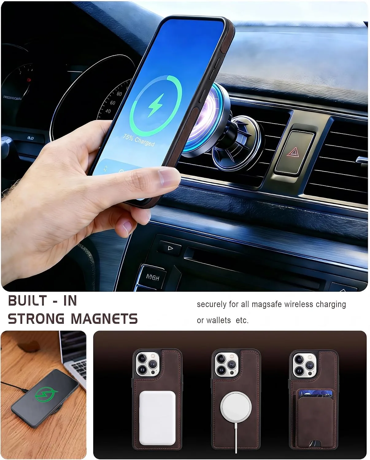 Magnetic Detachable Wallet Case for iPhone 13 Pro Max with Kickstand,2-in-1 MagSafe Compatible RFID Blocking Card Holder,Slim PU Leather Cover Vintage Brown