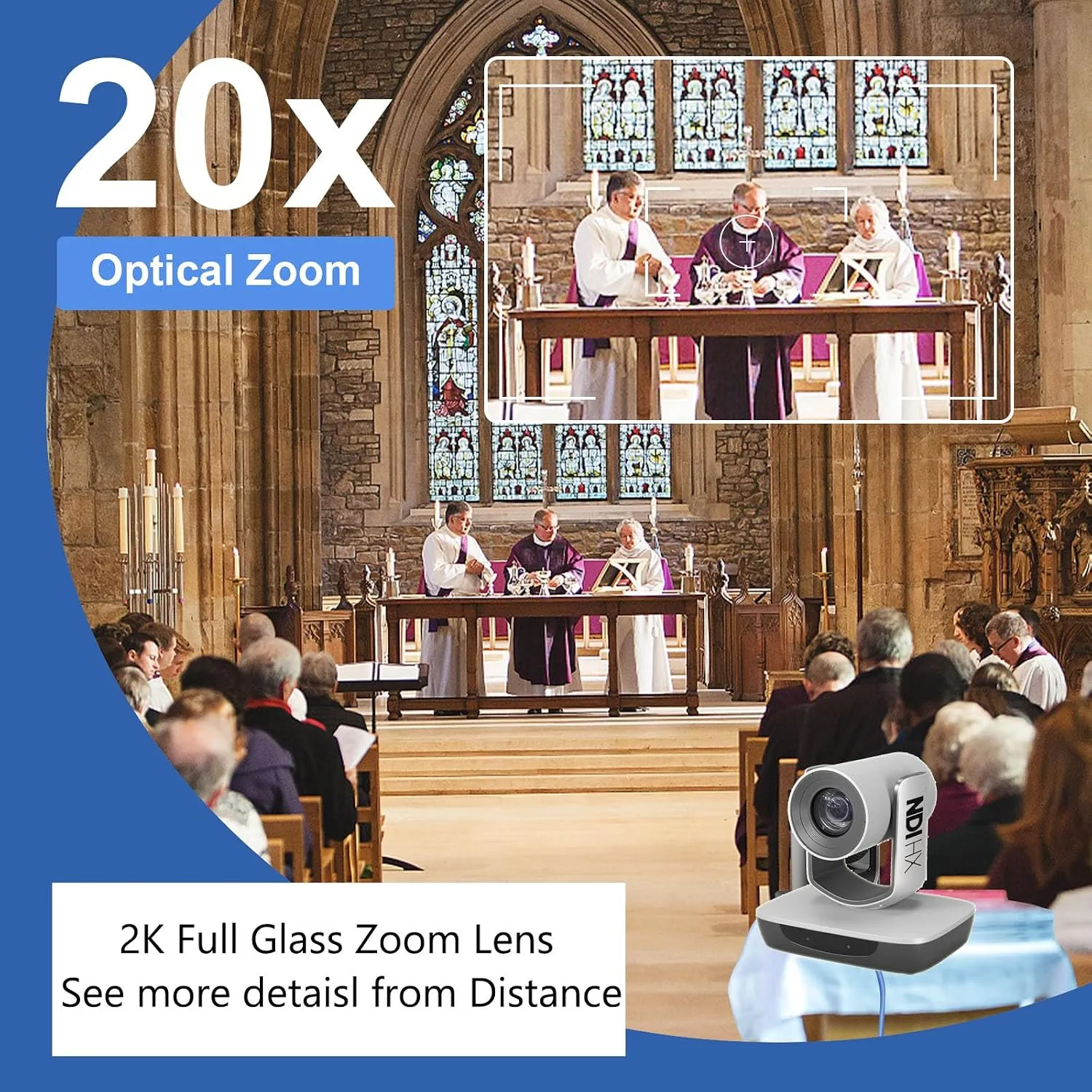 NDI Camera AI Tracking with 20X Zoom 3G-SDI HDMI USB Video, Budget PTZ Camera for Church Worship Live Streaming, PoE IP Livestream Video Camcorder for Video Production(AV-E20-NDI)