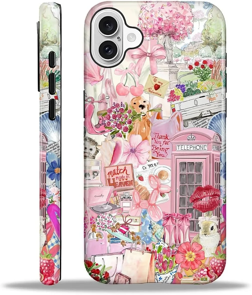 DAIZAG Case for iPhone 16 Plus,Mixed 2 Layer Design Shockproof Soft TPU Ddouble Protection Phone Case for iPhone 16 Plus-Cute Pink Animal Garden Collage