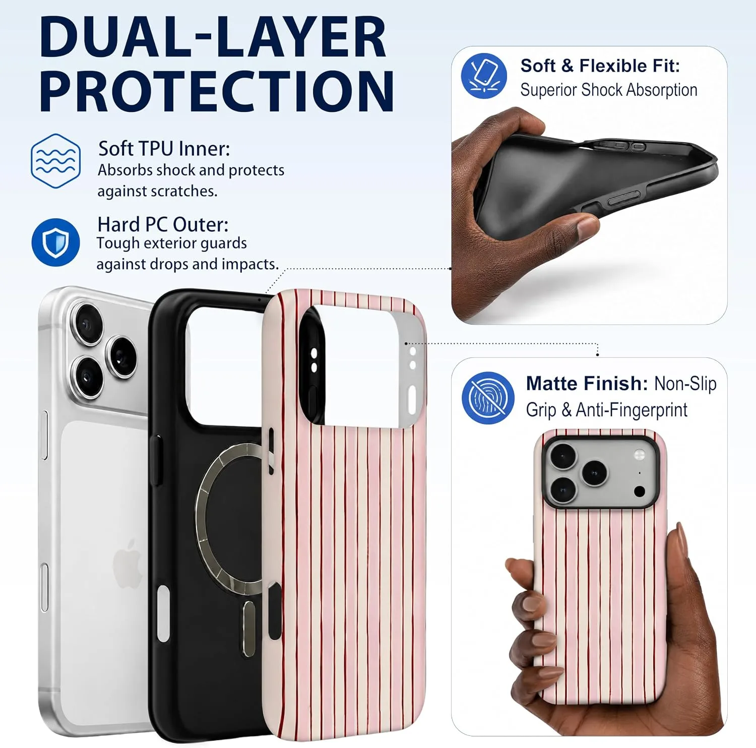 Magnetic for iPhone 17 Pro Max/18 Pro Max Phone Case, Pink & White Striped
