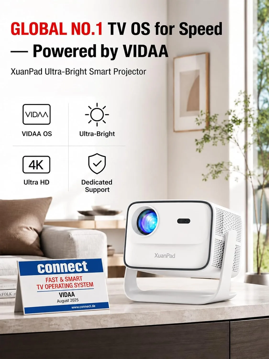 XuanPad [VIDAA Live TV & 6000 ANSI & Now with Netflix] 4K Smart Projector with WiFi and Bluetooth, AI Voice Control, XuanPad White Portable Outdoor Movie Projector 4k, 42W Dolby Audio, Auto Focus & Ke
