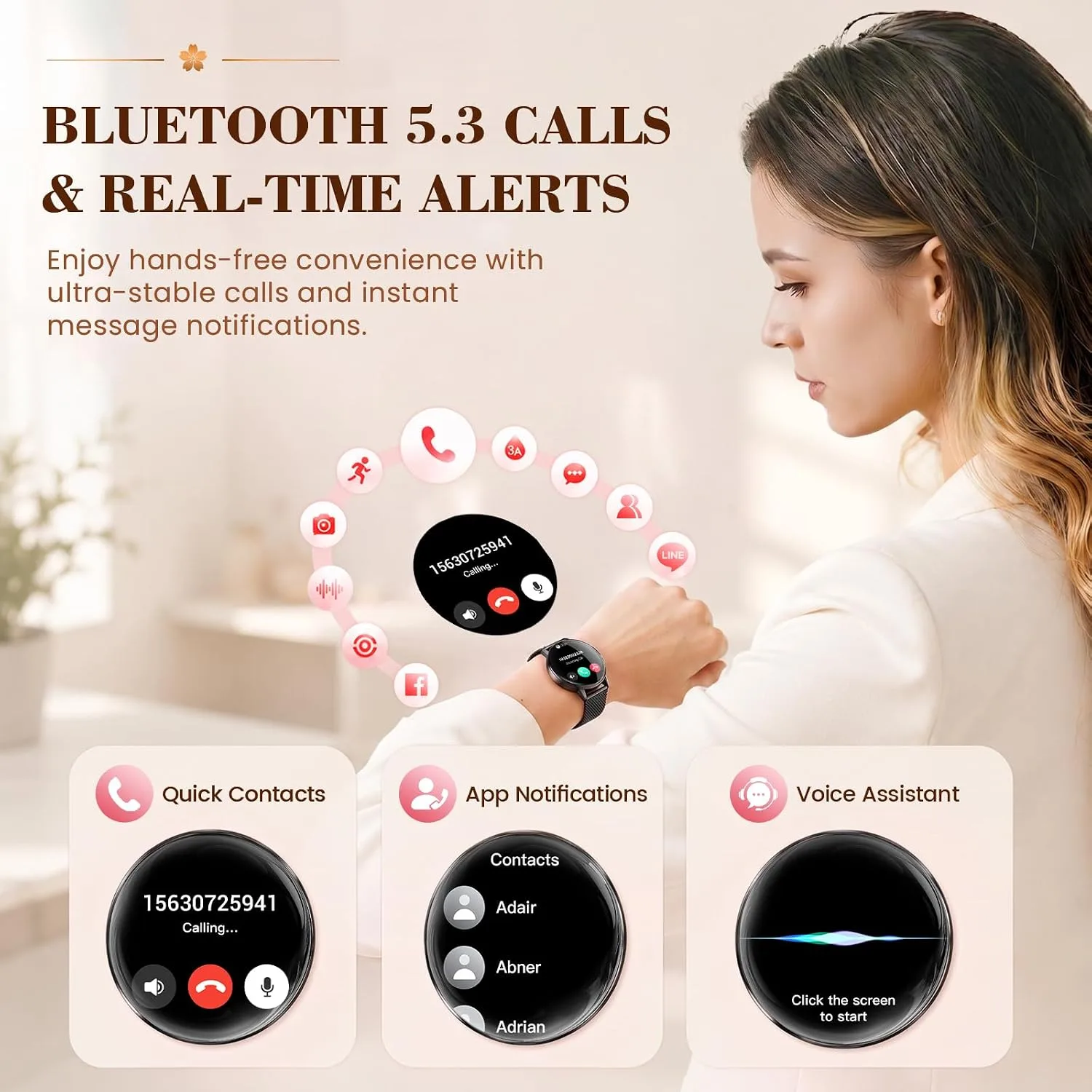 WalkerFit Smart Watch for Women Android/iPhone, 1.32" Curved AMOLED 2 Bands