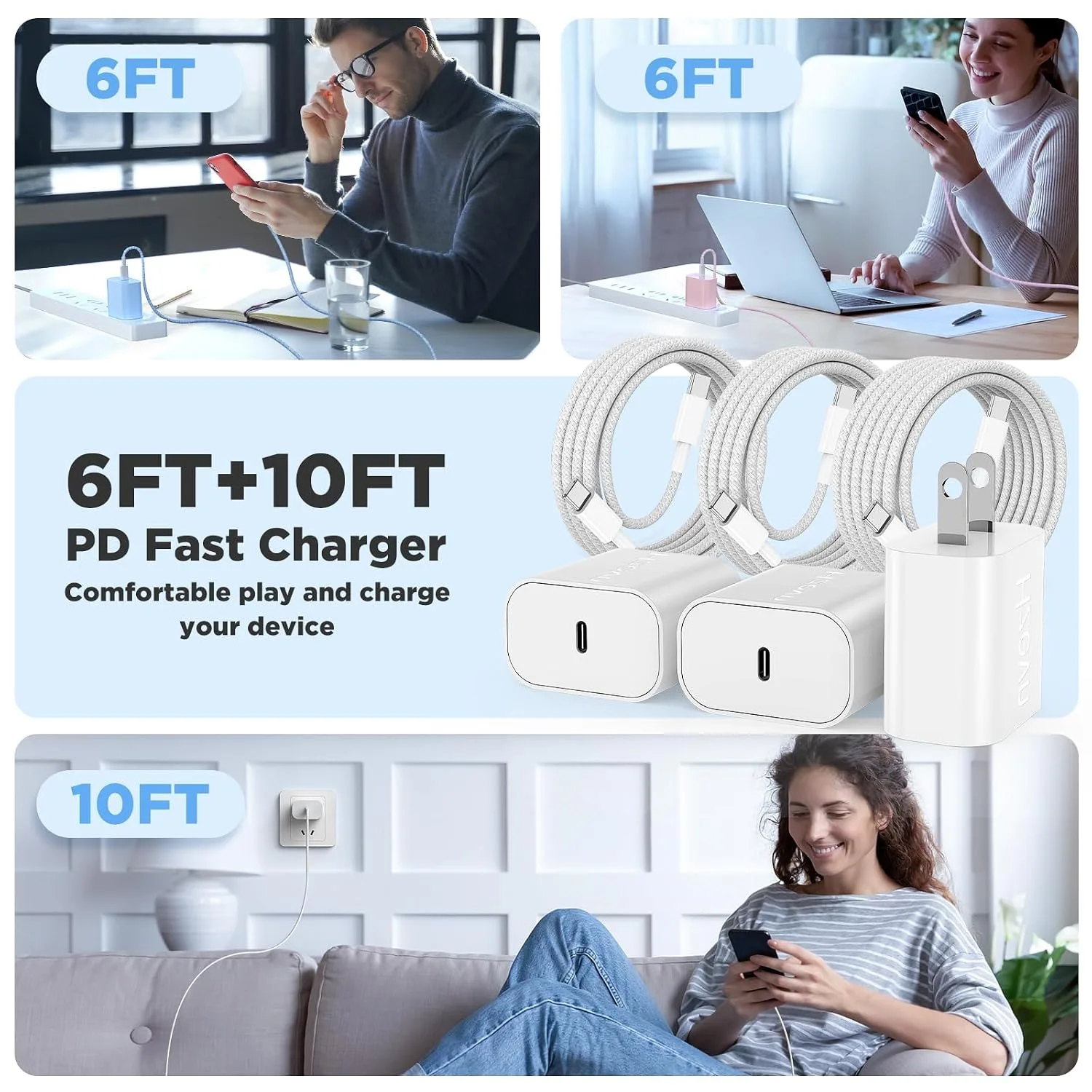 20W USB C Fast Charging for iPhone 17 Air/16/15 Pro Max,3Pack Colorful Mixed Charger Block with Braided Long USB C to C Cables (6/6/10ft) Compatible with iPhone16/15 Pro/15 Plus/iPad Pro