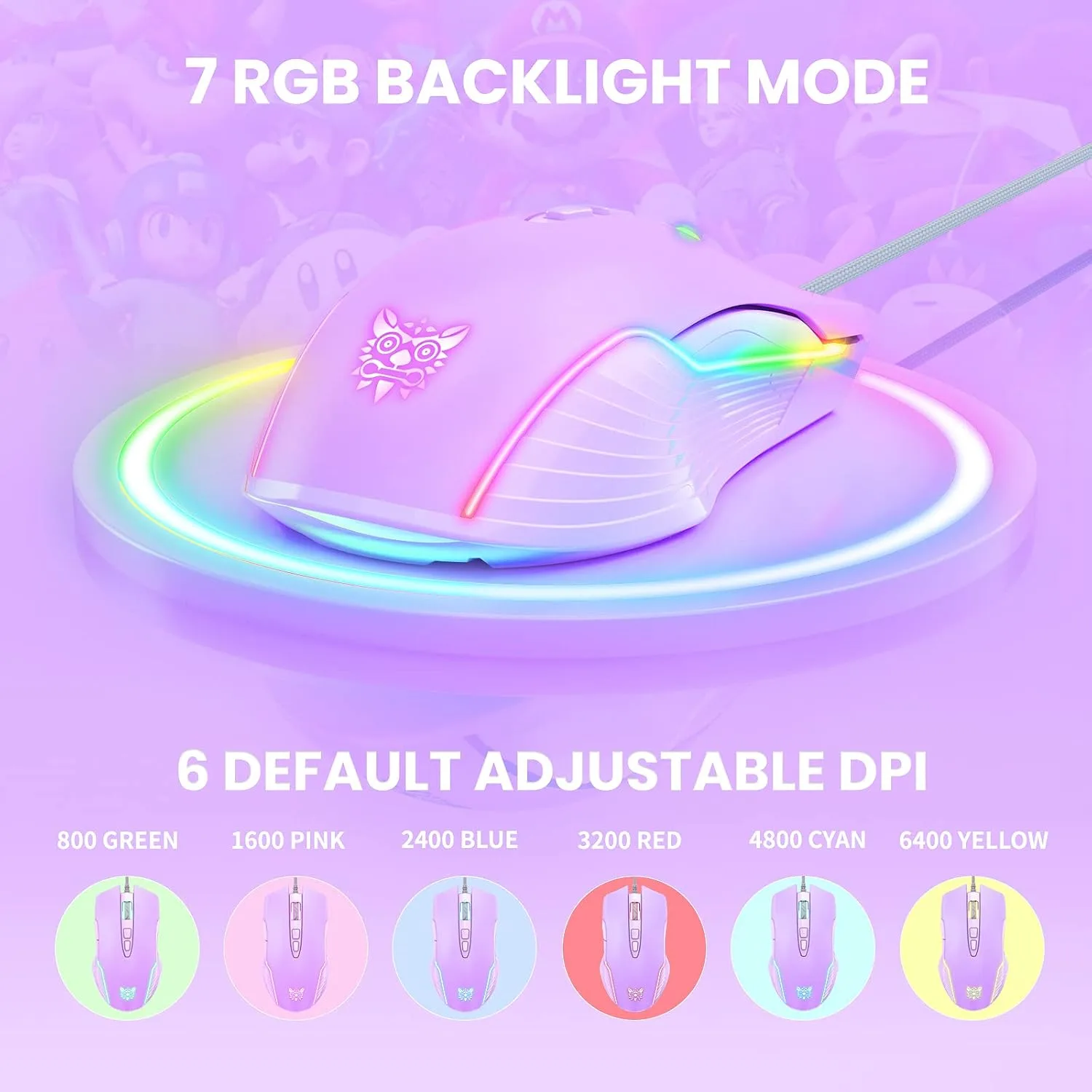 RGB Gaming Mouse Wired, 6400 DPI & 7 Buttons, Lilac