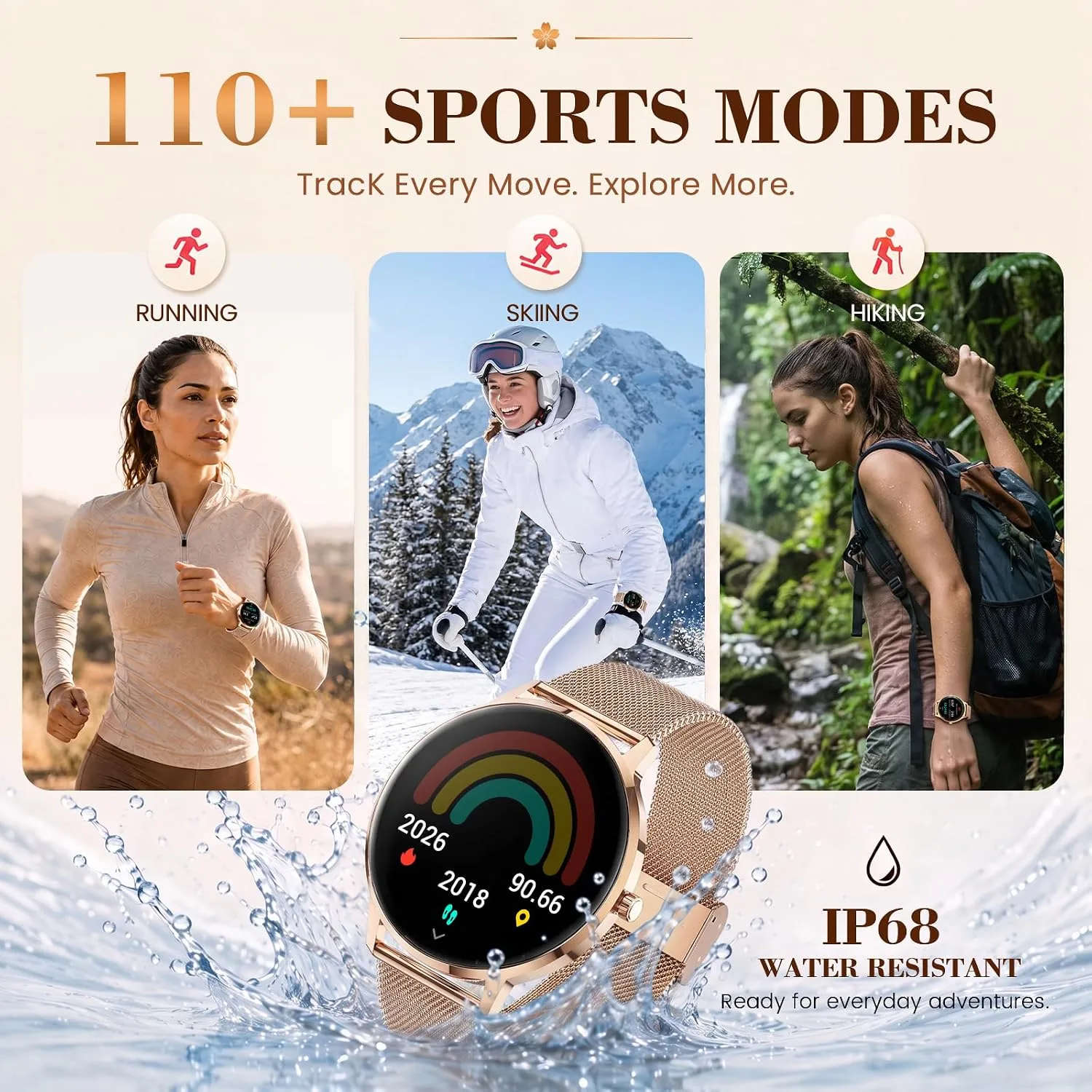 WalkerFit Smart Watch for Women Android/iPhone, 1.32" Curved AMOLED 2 Bands