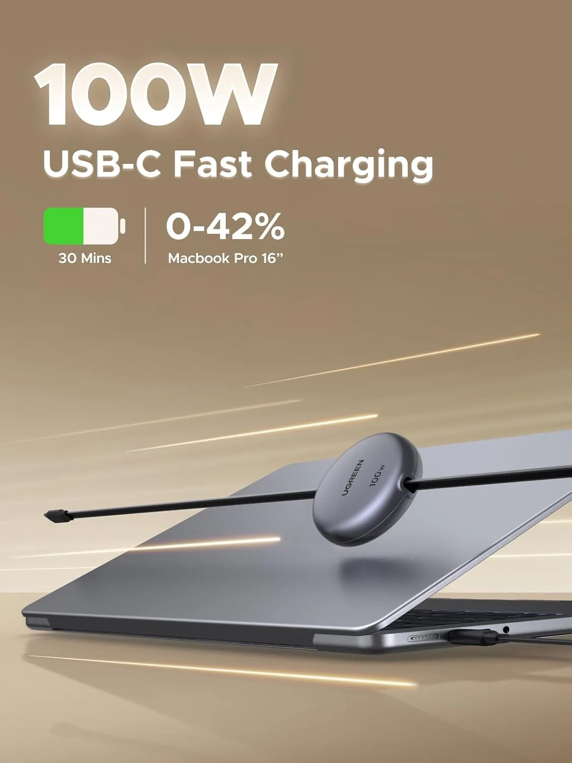 UGREEN 100W Retractable USB C Cable, Fast Charging, Black, 3.3ft