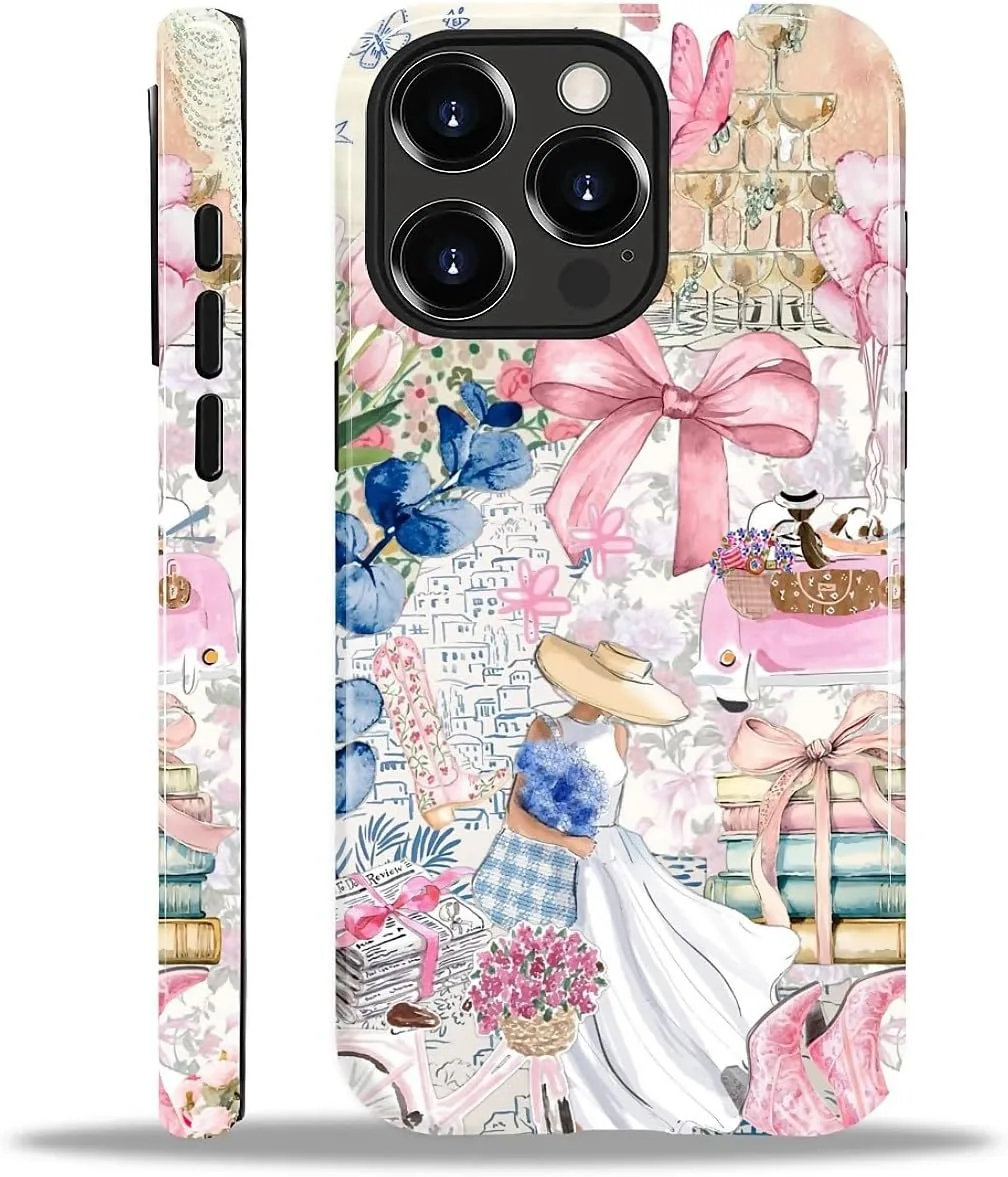 DAIZAG Case for iPhone 15 Pro,Mixed 2 Layer Design Shockproof Soft TPU Ddouble Protection Phone Case for iPhone 15 Pro-Magazine Books Flower Bow Collage