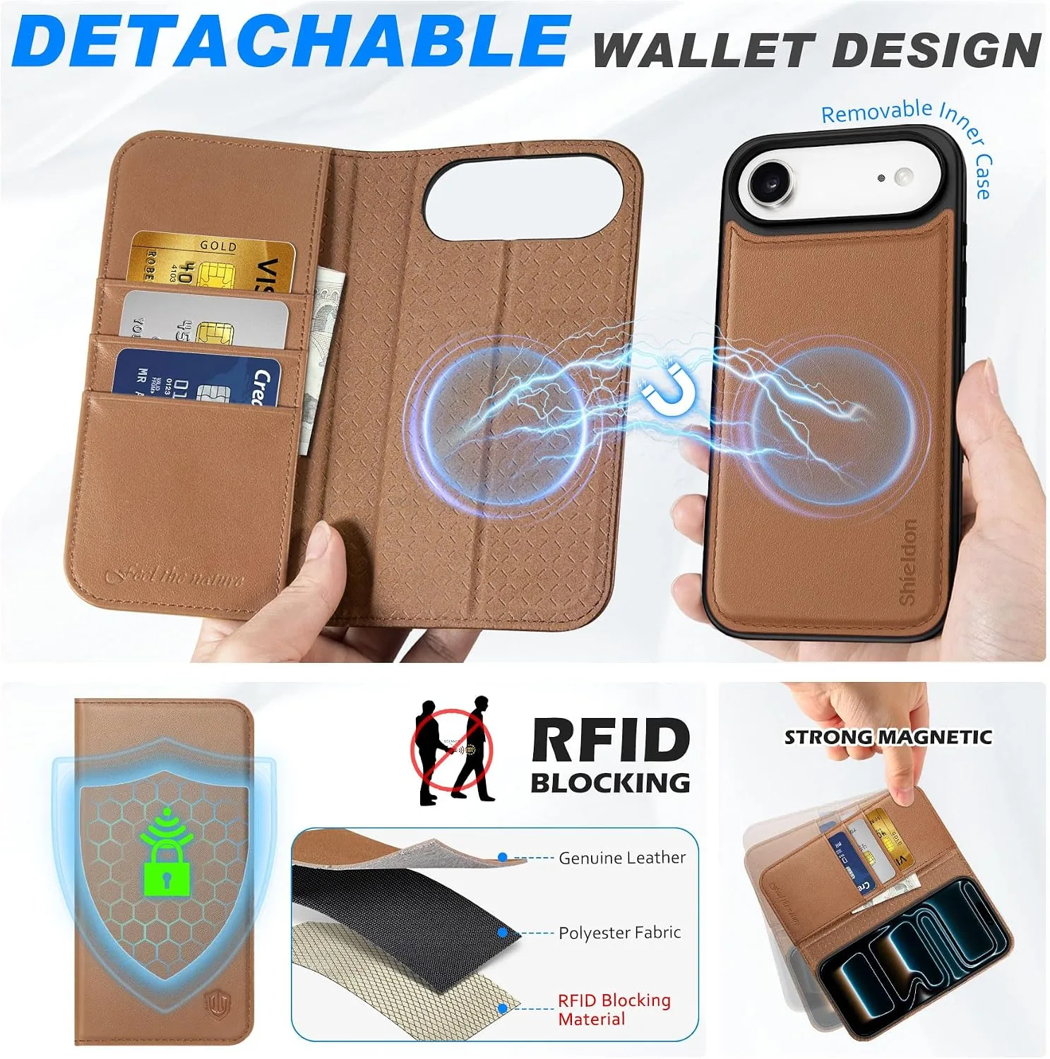SHIELDON 2 in 1 Real Leather Case Wallet for iPhone Air 6.5", Saddle Brown