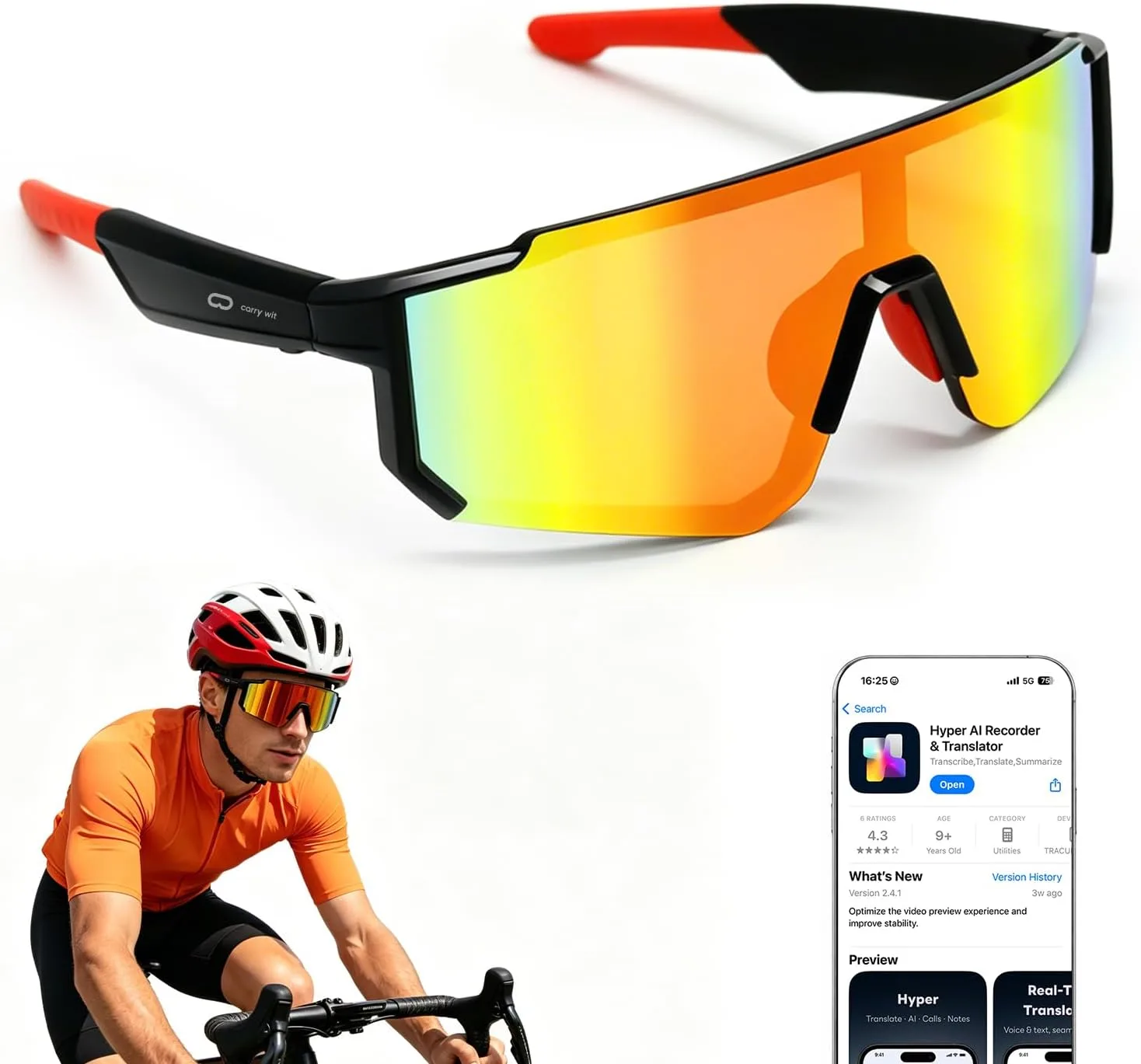 Smart Sports Sunglasses for Men/Women, Bluetooth Glasses for Cycling Running Driving, UV400 Polarized Lenses, Bluetooth 5.4, 6-8H Playtime, Outdoor UV Protection and Voice Control (Orange)
