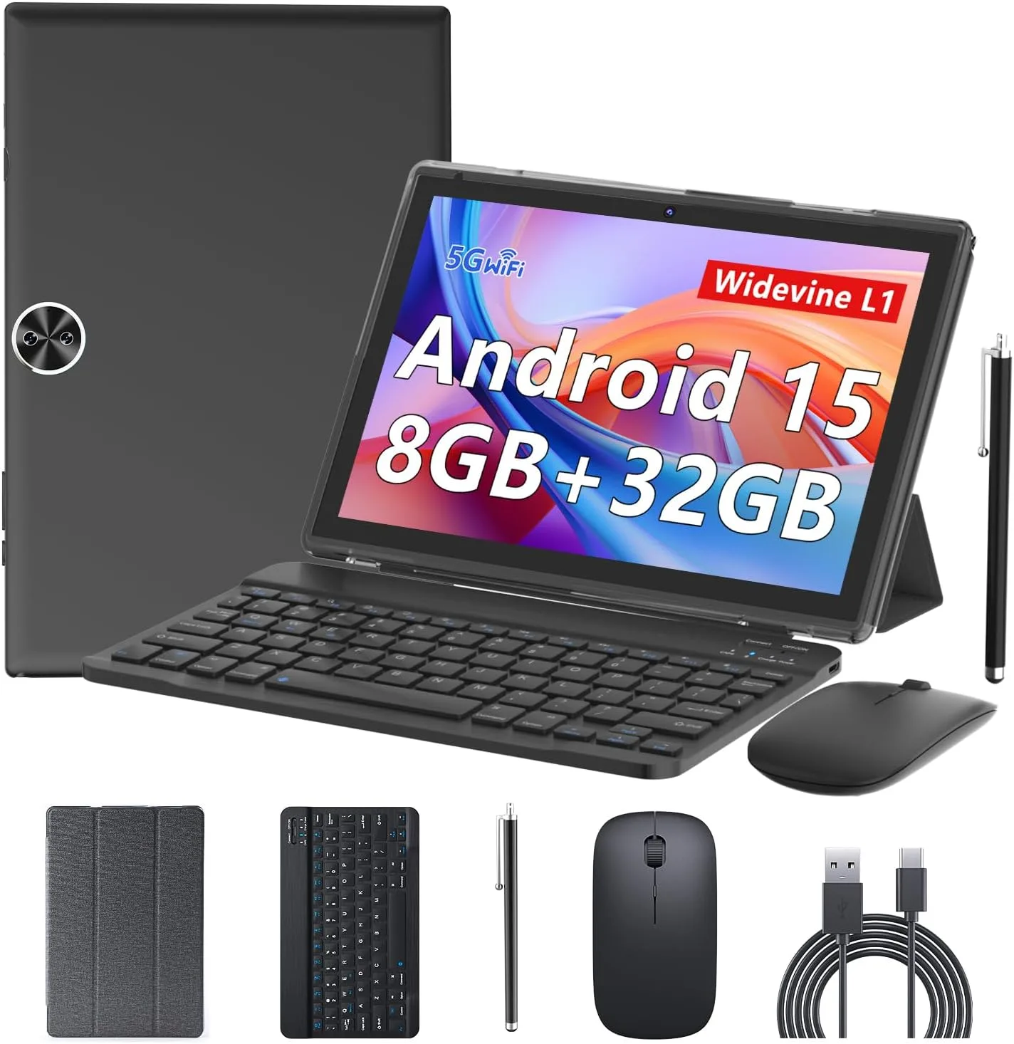 BYANDBY Android 14, 2 in 1 Tablet with Keyboard, 10 inch Tablets, 8GB+64GB/1TB Expand, 2.4G+5G+Wi-Fi 6, Dual Camera, 6000 mAh, BT, GMS, Games, with Case (Black)
