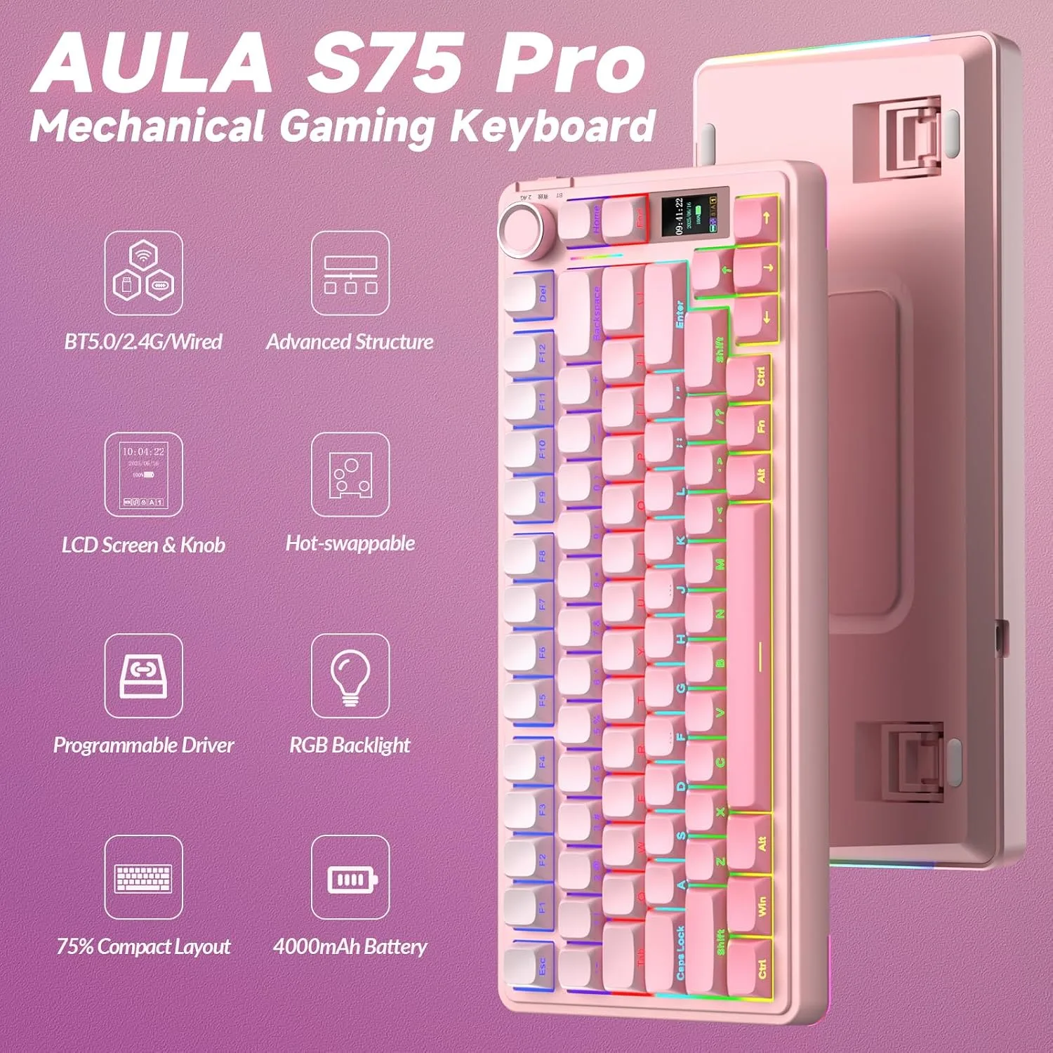 AULA S75 PRO Wireless Mechanical Gaming Keyboard with Screen&Knob, 80 Keys