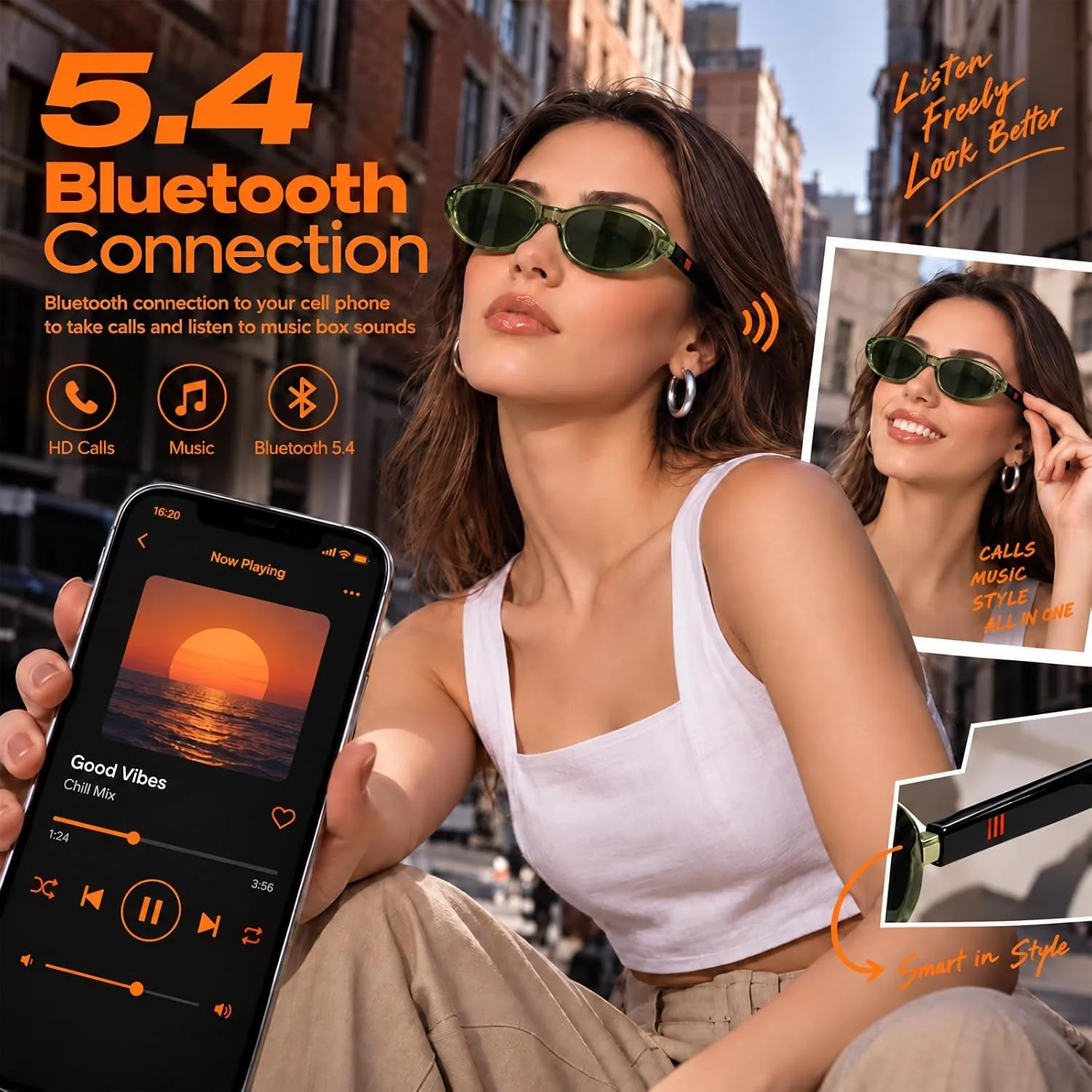 Bluetooth Audio Smart Glasses for Women Men, Polarized Bluetooth Sunglasses with Open Ear Speaker, Voice Control, Magnetic Charging, Green