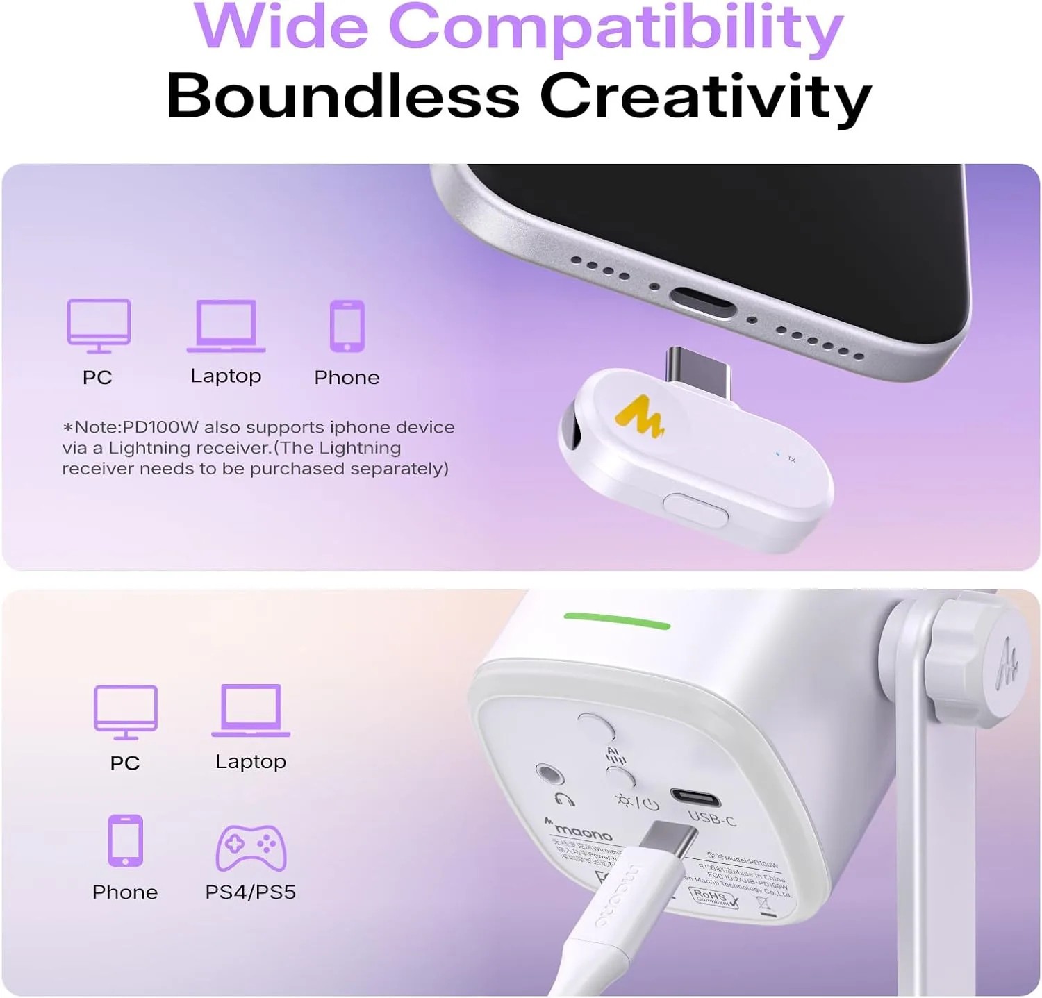 MAONO PD100W Wireless Dynamic Gaming Microphone for PC with USB-C Receiver