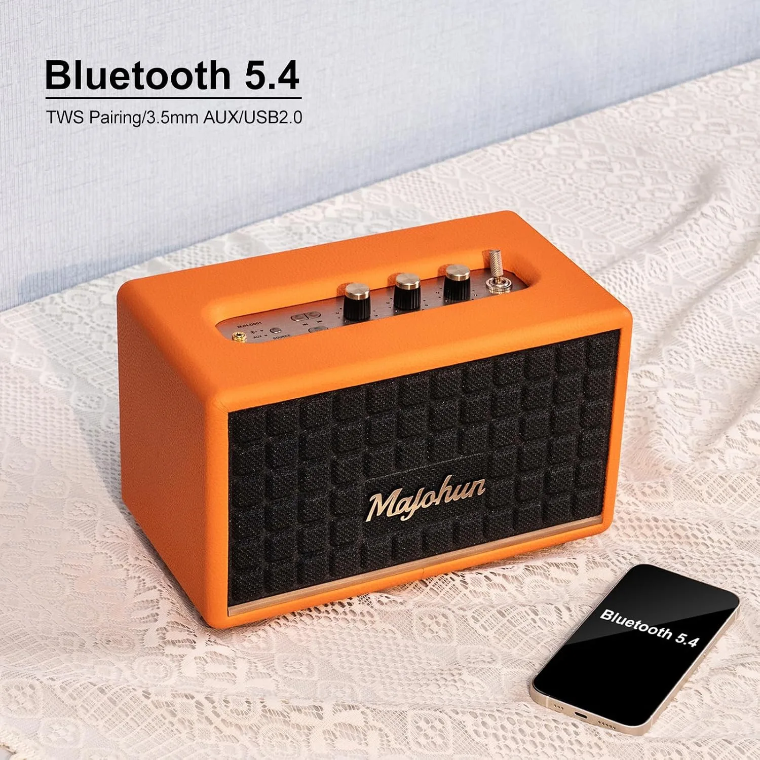 100W Peak Wood Bluetooth 5.4 Speaker, Vintage TWS Stereo (Orange) | Retro style with bass & treble control, AUX & USB input; multiple modes, clear sound ideal for home, room, office, party use.