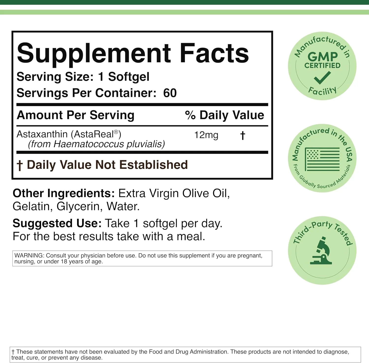 Astaxanthin 12mg Softgels, Clinically Studied AstaReal, 60 Softgels