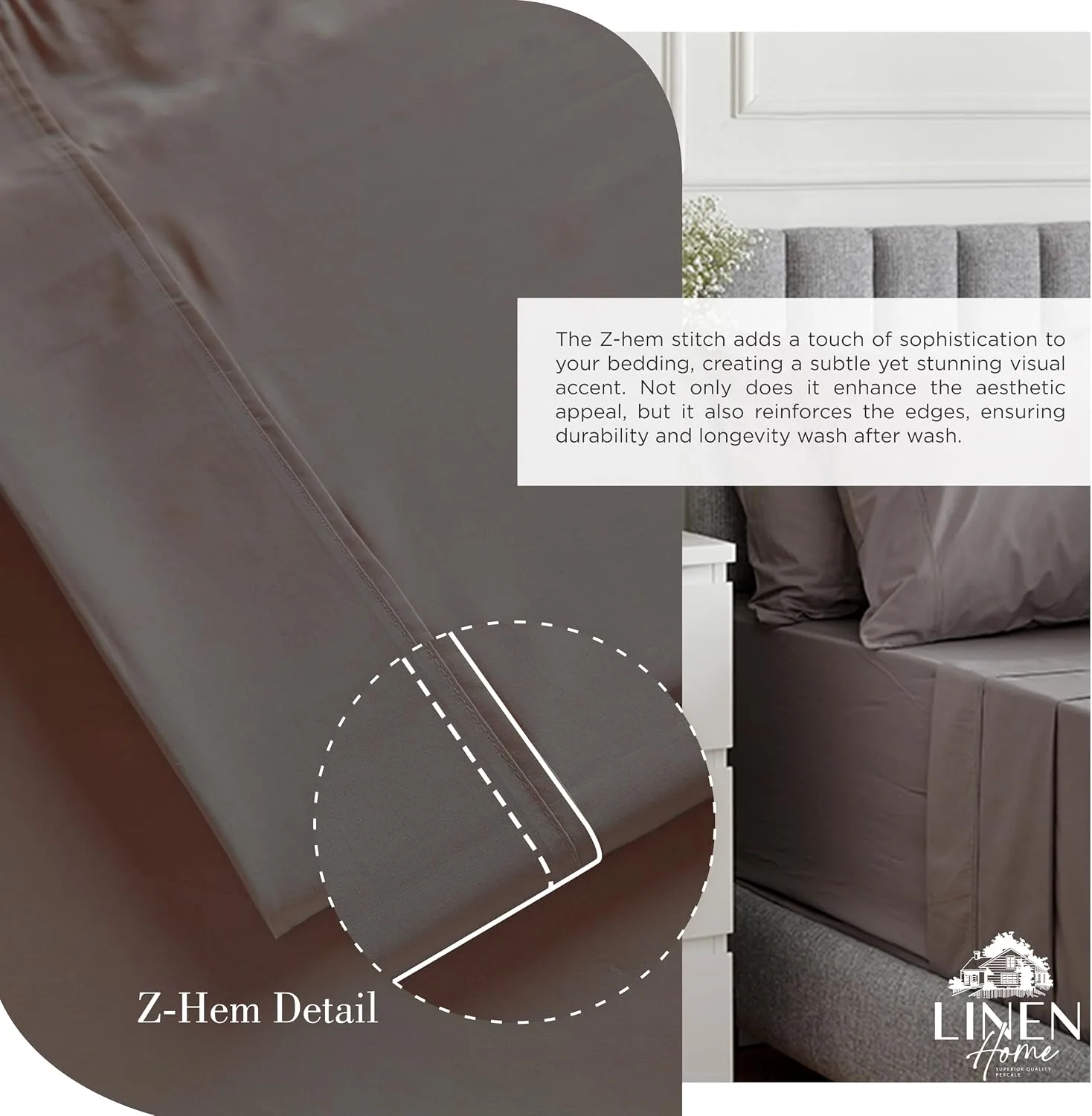 Linen Home 100% Cotton Percale King Sheets, 4 Pc Cooling Set - Charcoal
