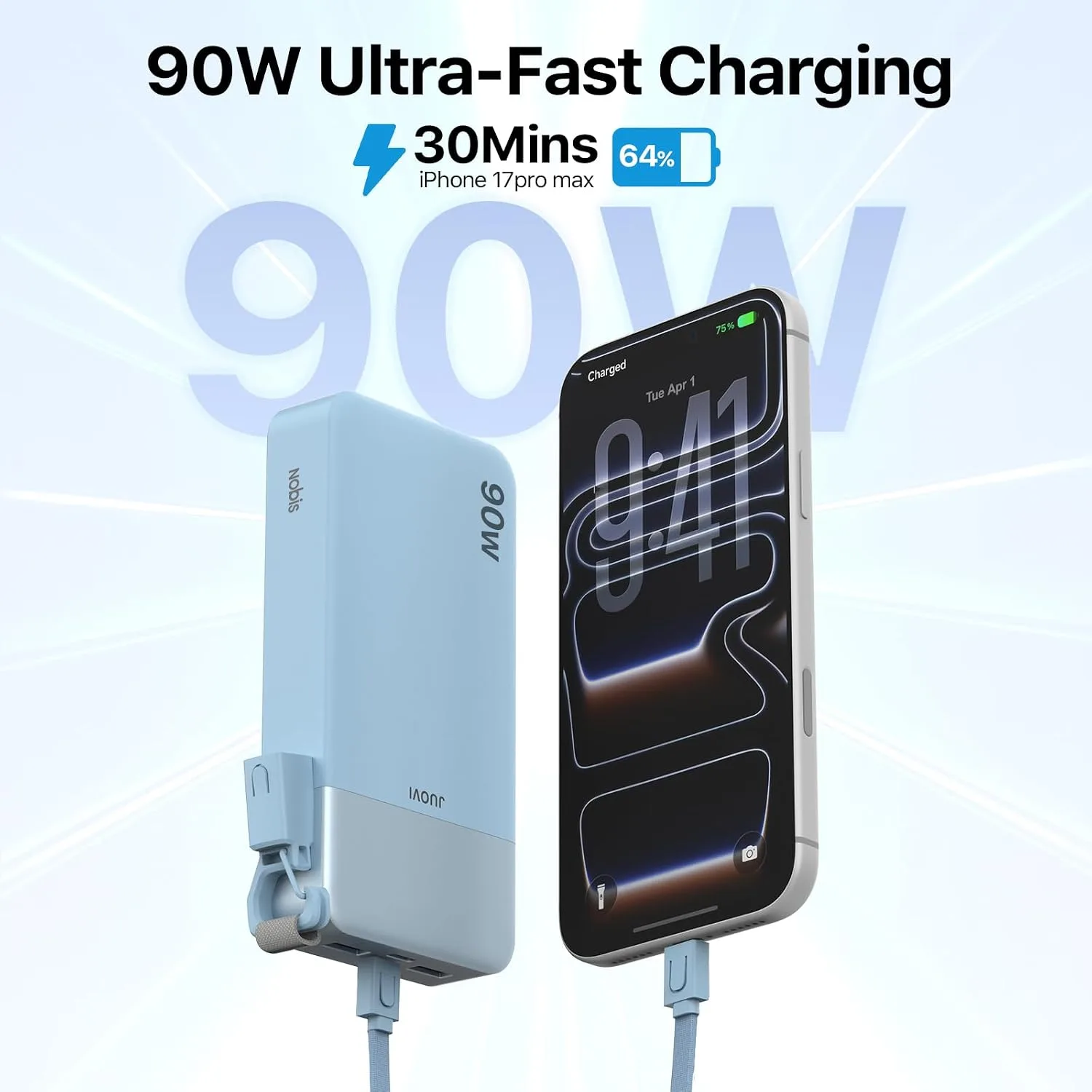 NOBIS Portable Charger 20000mAh 90W Power Bank w/Detachable Cable