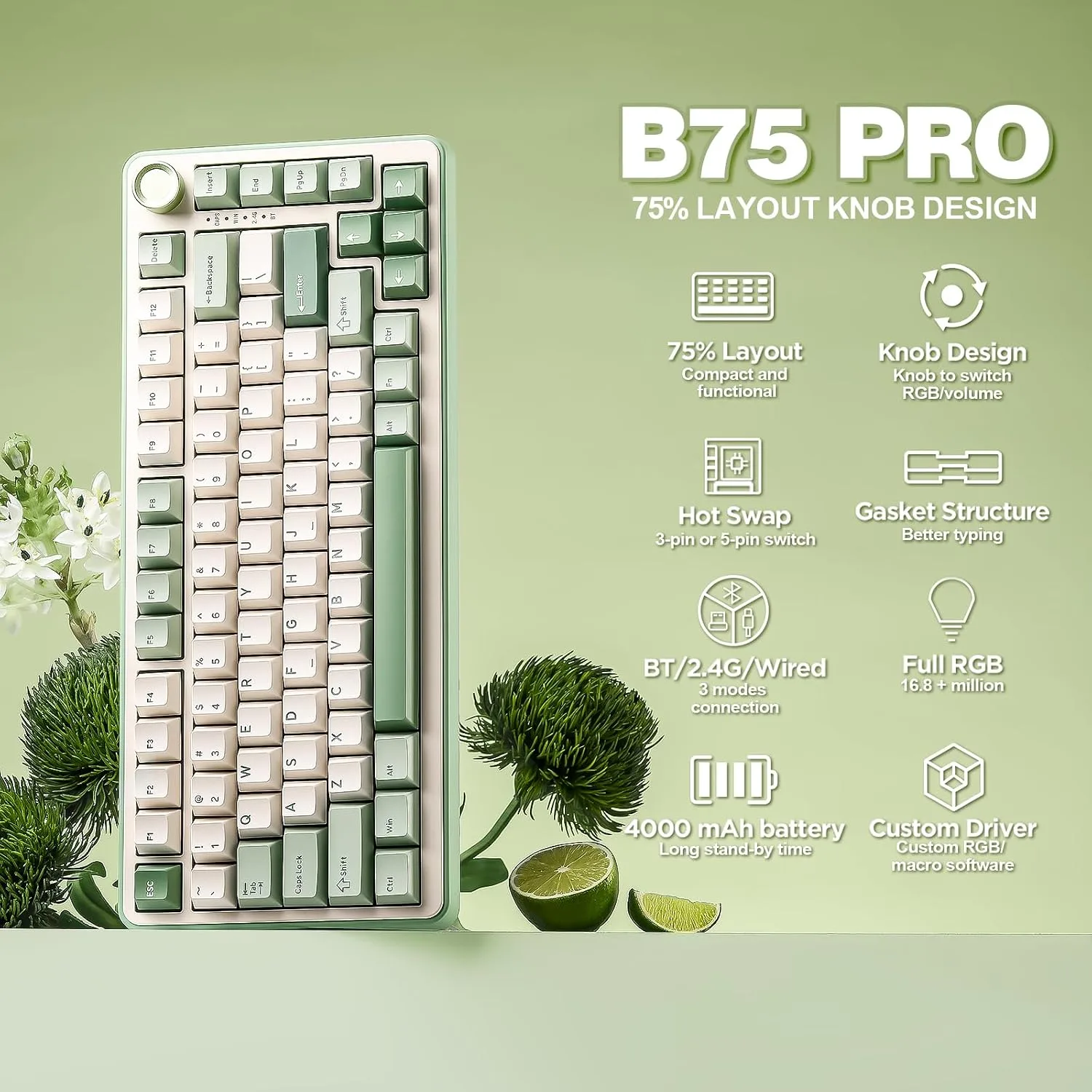 YUNZII B75 PRO 75% Wireless Mechanical Keyboard(Matcha Green,Cocoa V2)