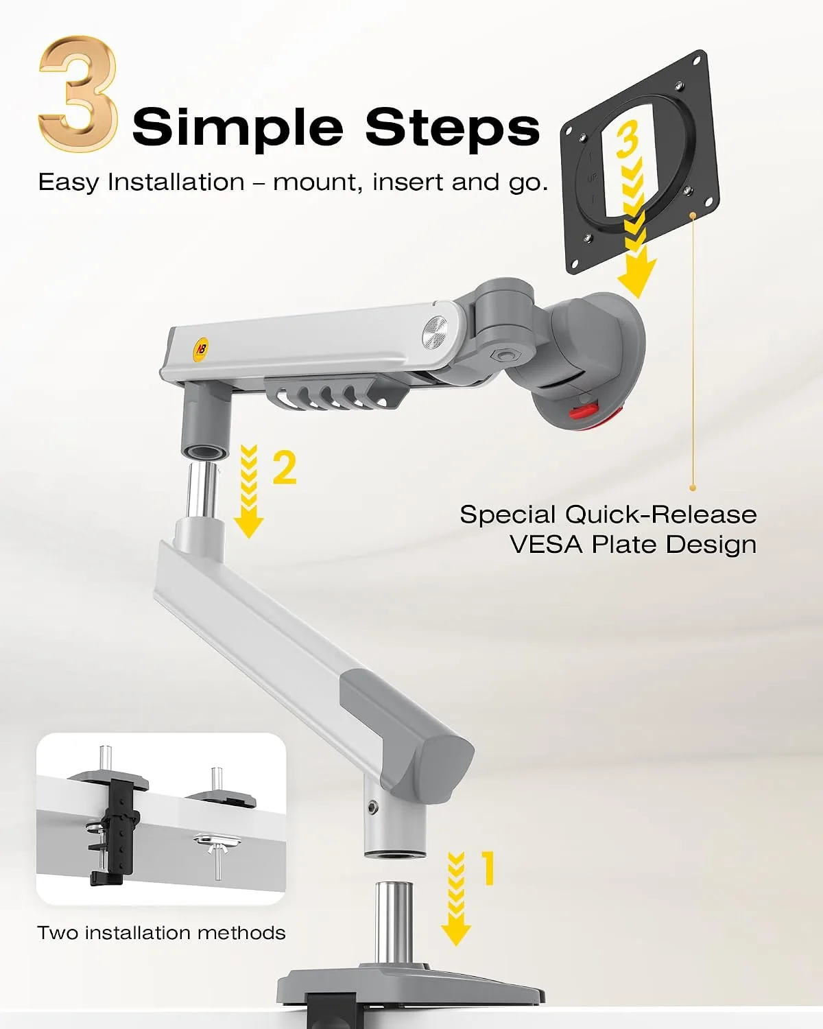 NB SmooVex™ Single Monitor Arm for Monitors 17'' to 32 inch, Mechanical Spring Mount Load up to 9 kg, VESA 75/100 mm Monitor-Mount A5 (White)