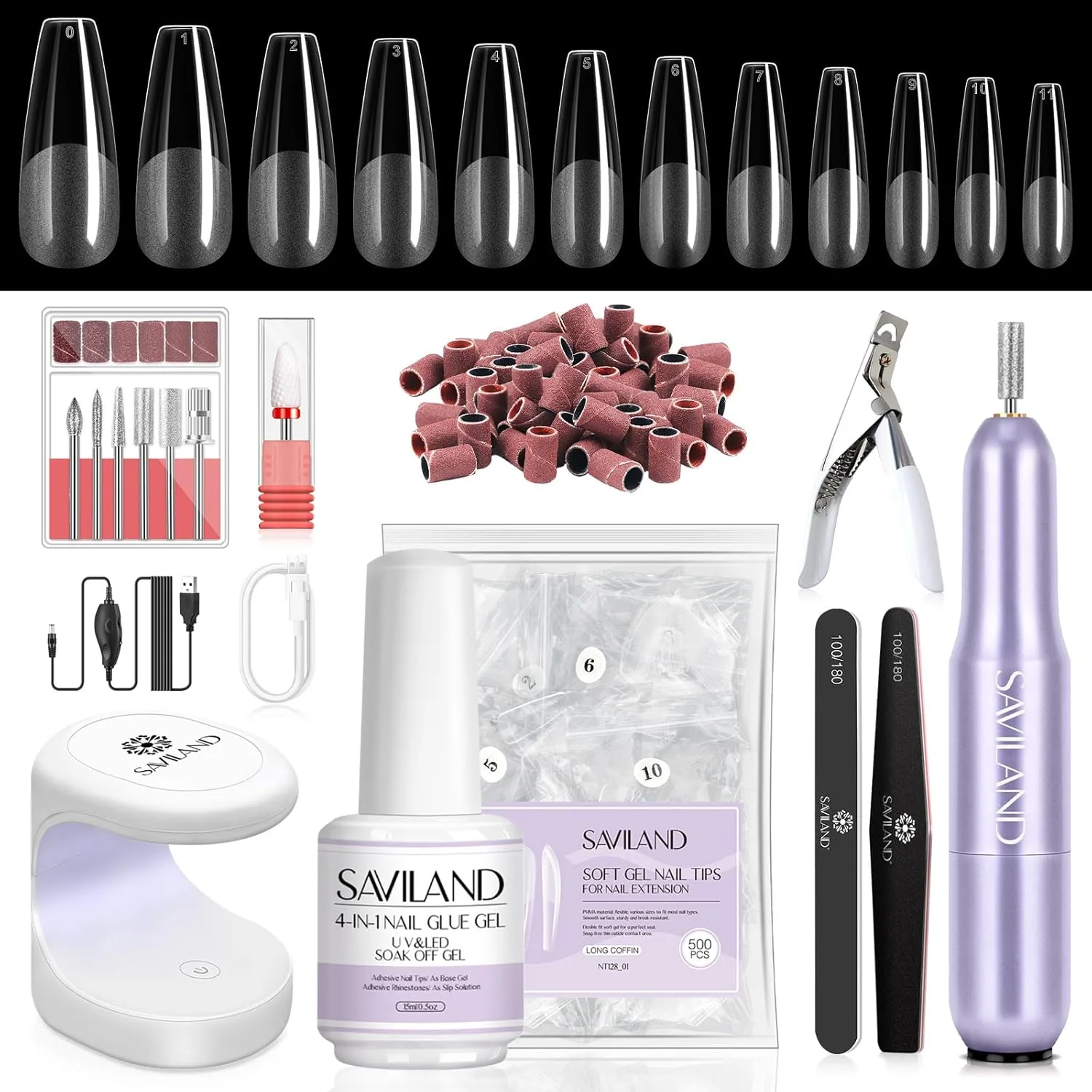 SAVILAND Long Coffin Soft Gel Nail Tips Kit, 500 PCS, Drill and U V Lamp