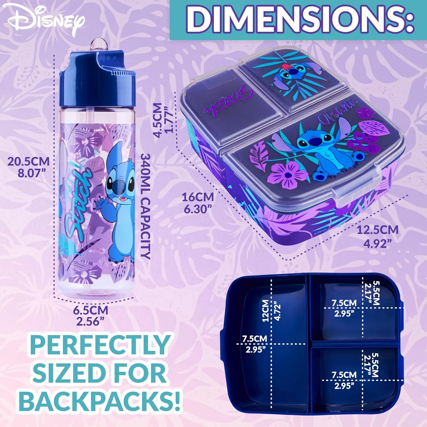 Disney Stitch Kids Lunch Box with Compartments and Water Bottle for School (Blue/Purple)