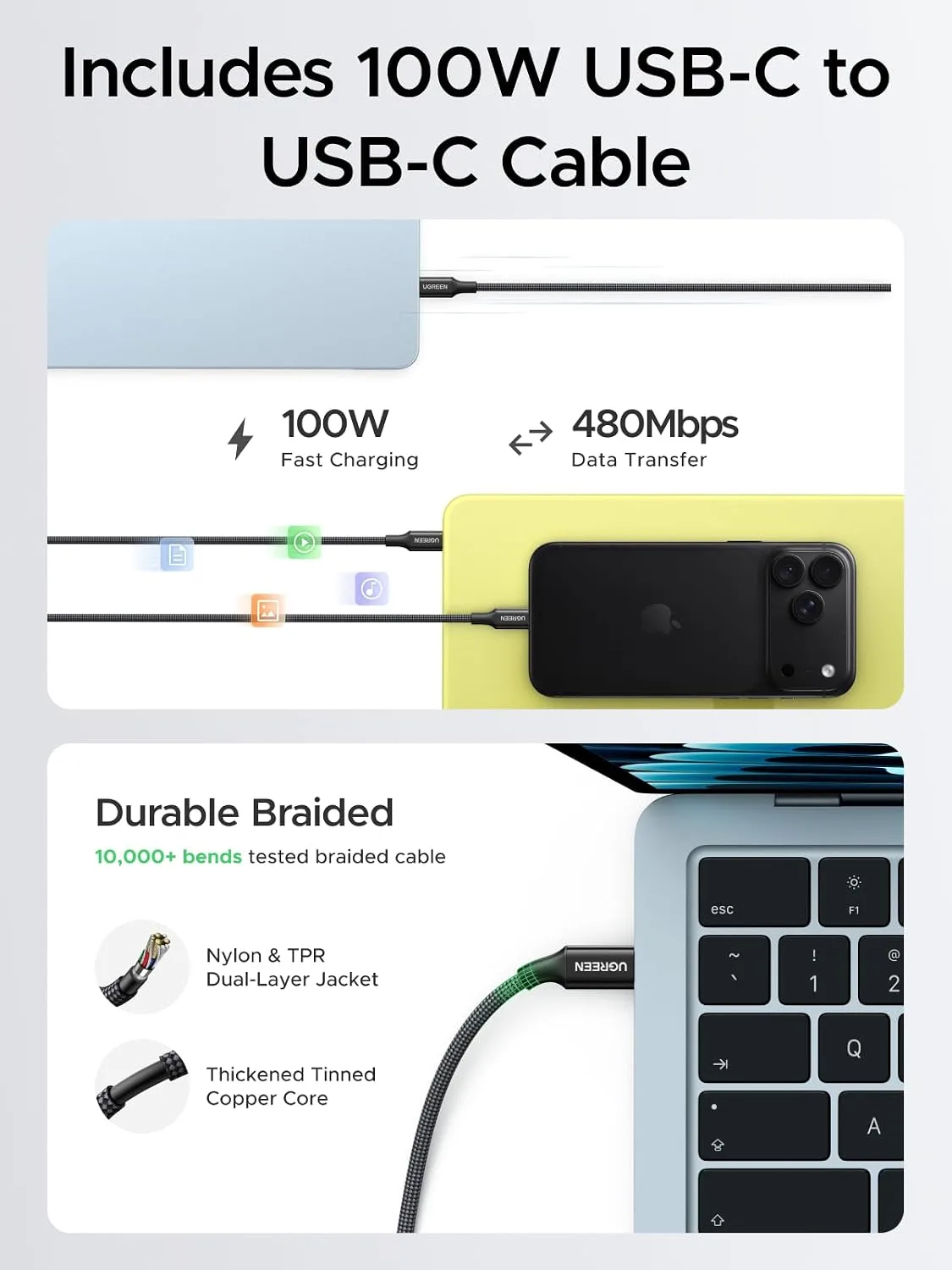 UGREEN Nexode Air 65W USB C GaN Charger Block with 3.3ft Cable, Black