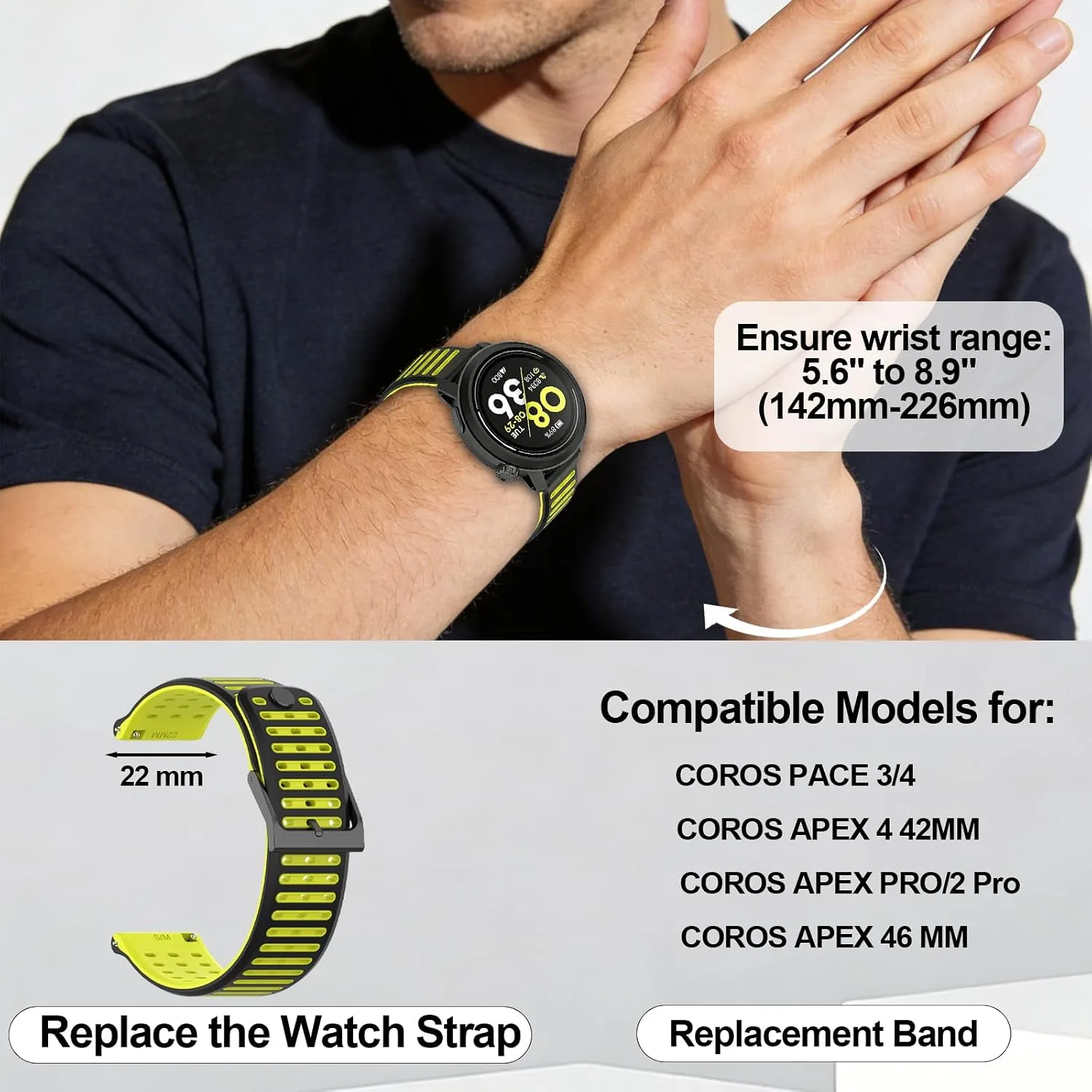 Silicone Replacement Bands Compatible with COROS PACE 3/4/Pro, COROS APEX PRO/2 Pro/APEX 46 MM/4 42MM, Soft & Breathable Smartwatch Straps for Women and Men