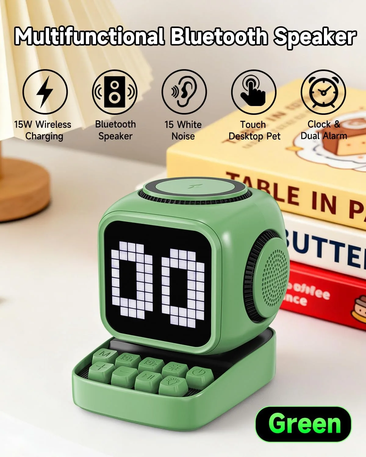 Retro Robot 5-in-1 Bluetooth Speaker: 15W Wireless Charger, Pixel LED Screen, 10W Stereo Sound & 15 White Noise, Alarm Clock, Cute Portable Wireless Speaker for Bedroom Desk Office, Birthday Gifts