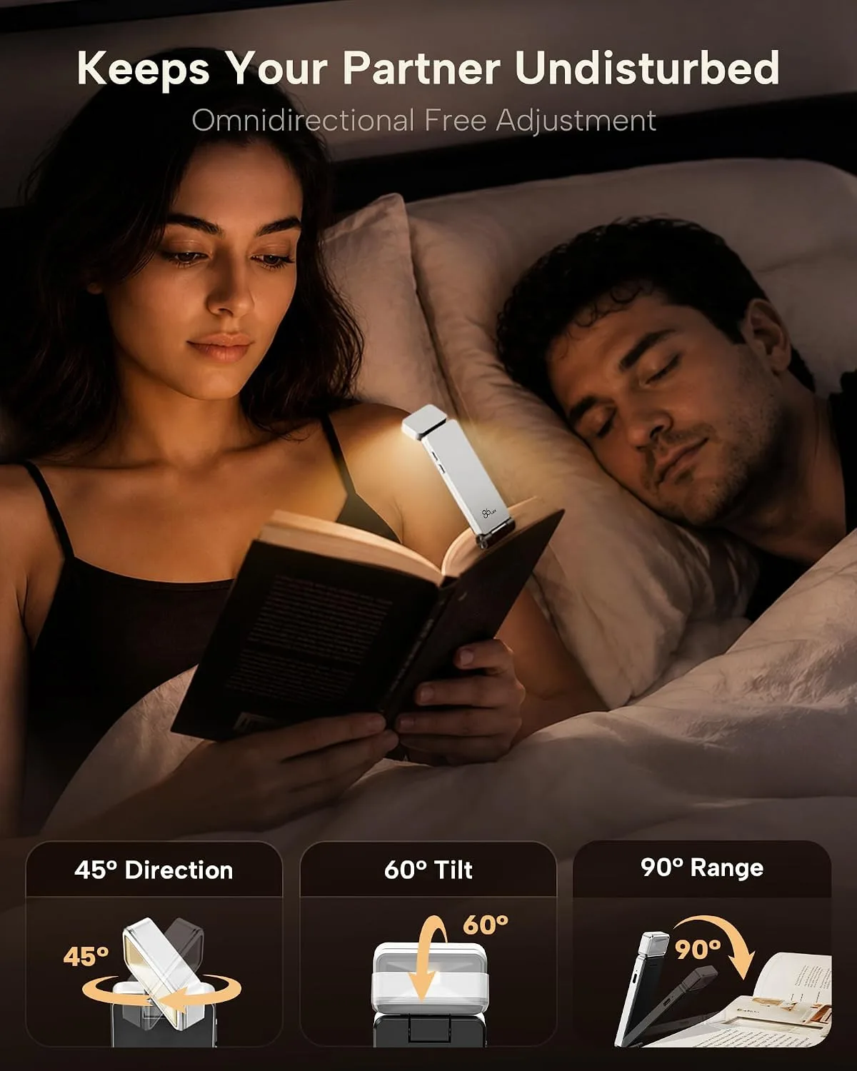 86lux Book Light, Rechargeable Clip-On LED Reading Light for Bed